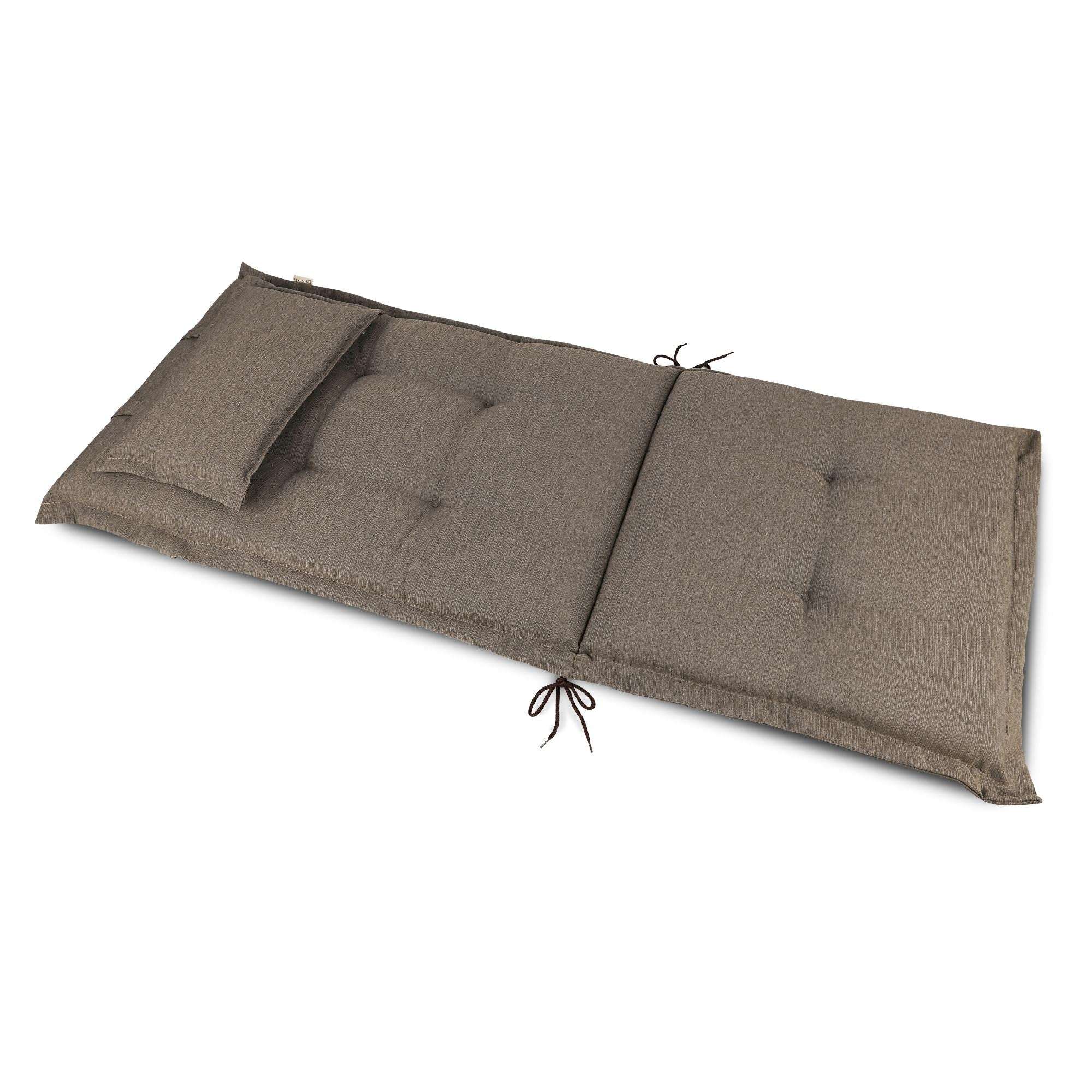 Beautissu HighLux HL high-back garden chair cushion with headrest, 120x50x7 cm, gray, featuring durable, soft filling and secure fastening bands.