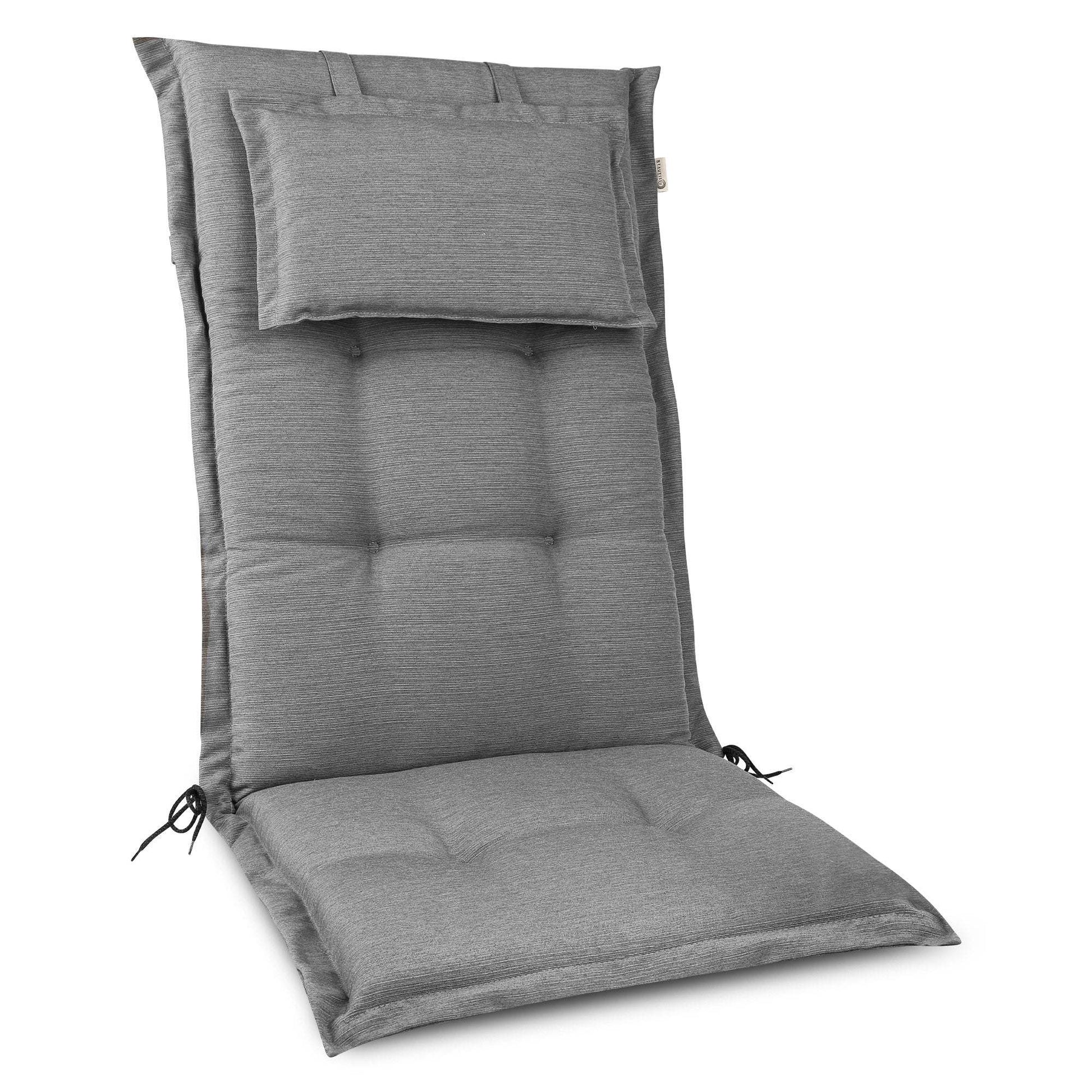 Beautissu HighLux HL garden chair cushion with headrest in gray, 120x50x7cm, high-quality and eco-certified.