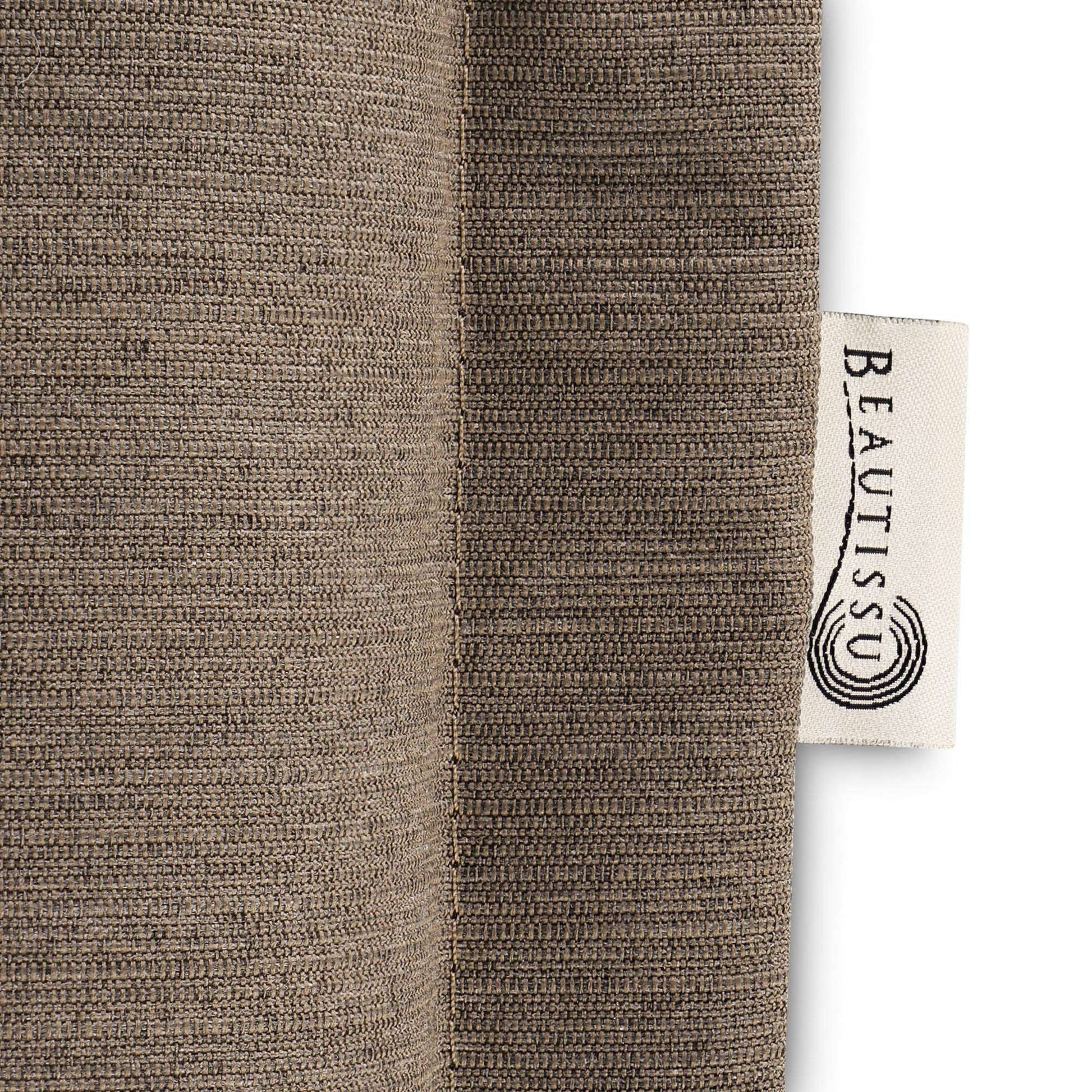 Beautissu HighLux HL garden chair cushion with headrest, 120x50x7cm, brown fabric, close-up of texture and label.