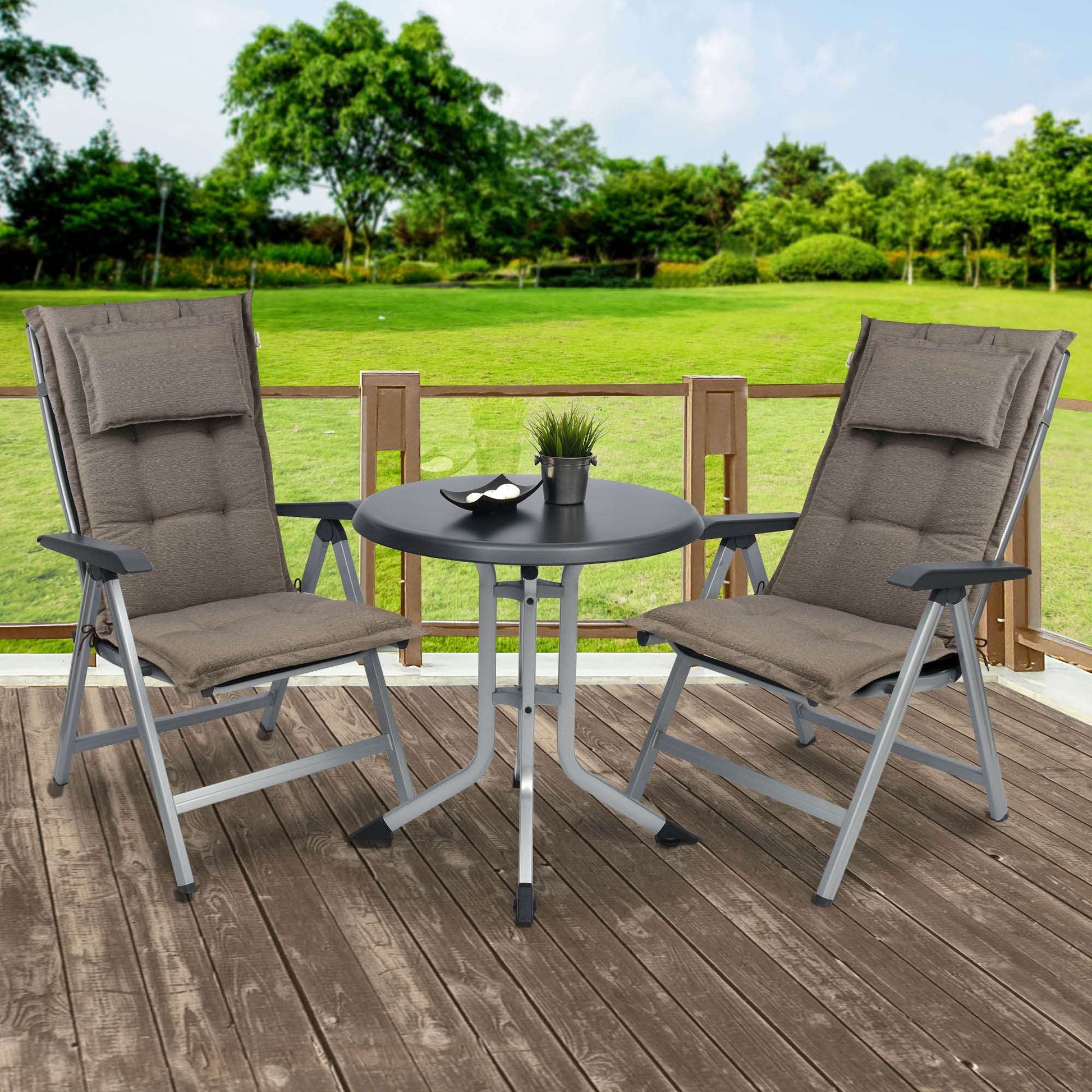 Beautissu HighLux HL garden chair cushions with headrest on patio chairs, enhancing comfort and style.