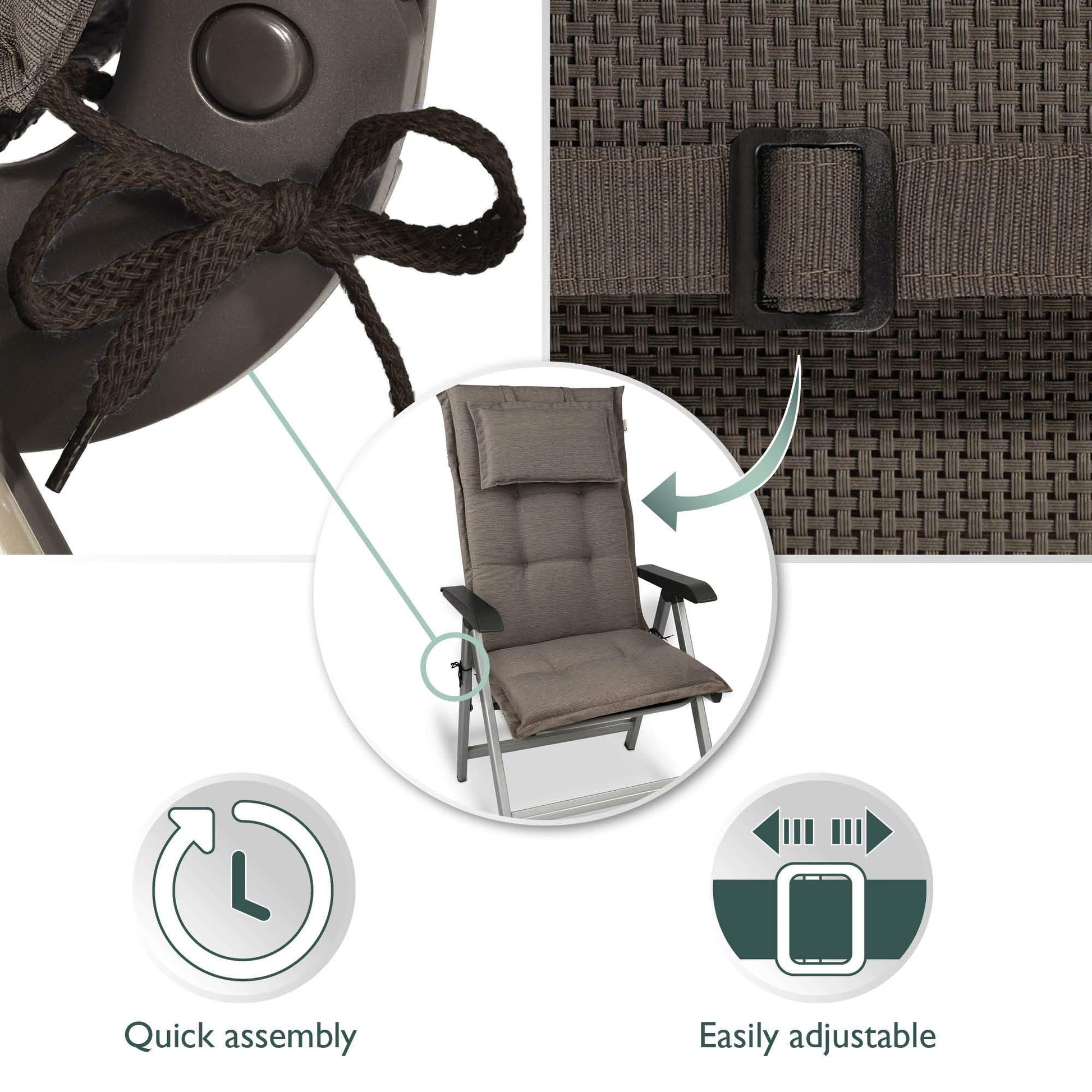 Beautissu HighLux HL garden chair cushion with adjustable straps and headrest, quick assembly features.