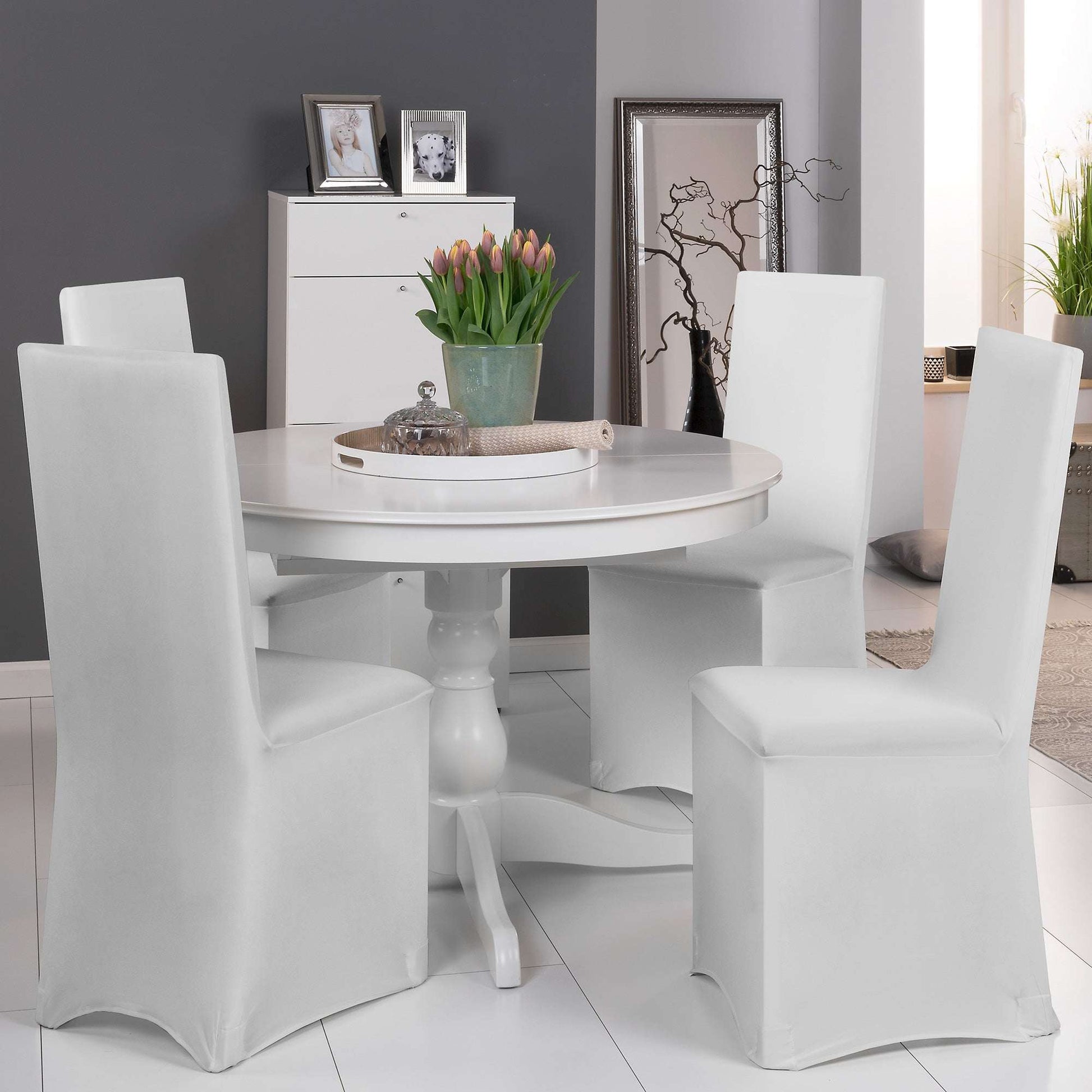 Beautissu Leona Stretch universal banquet chair cover, shown in diverse colors, transforming simple chairs into elegant banquet seats.