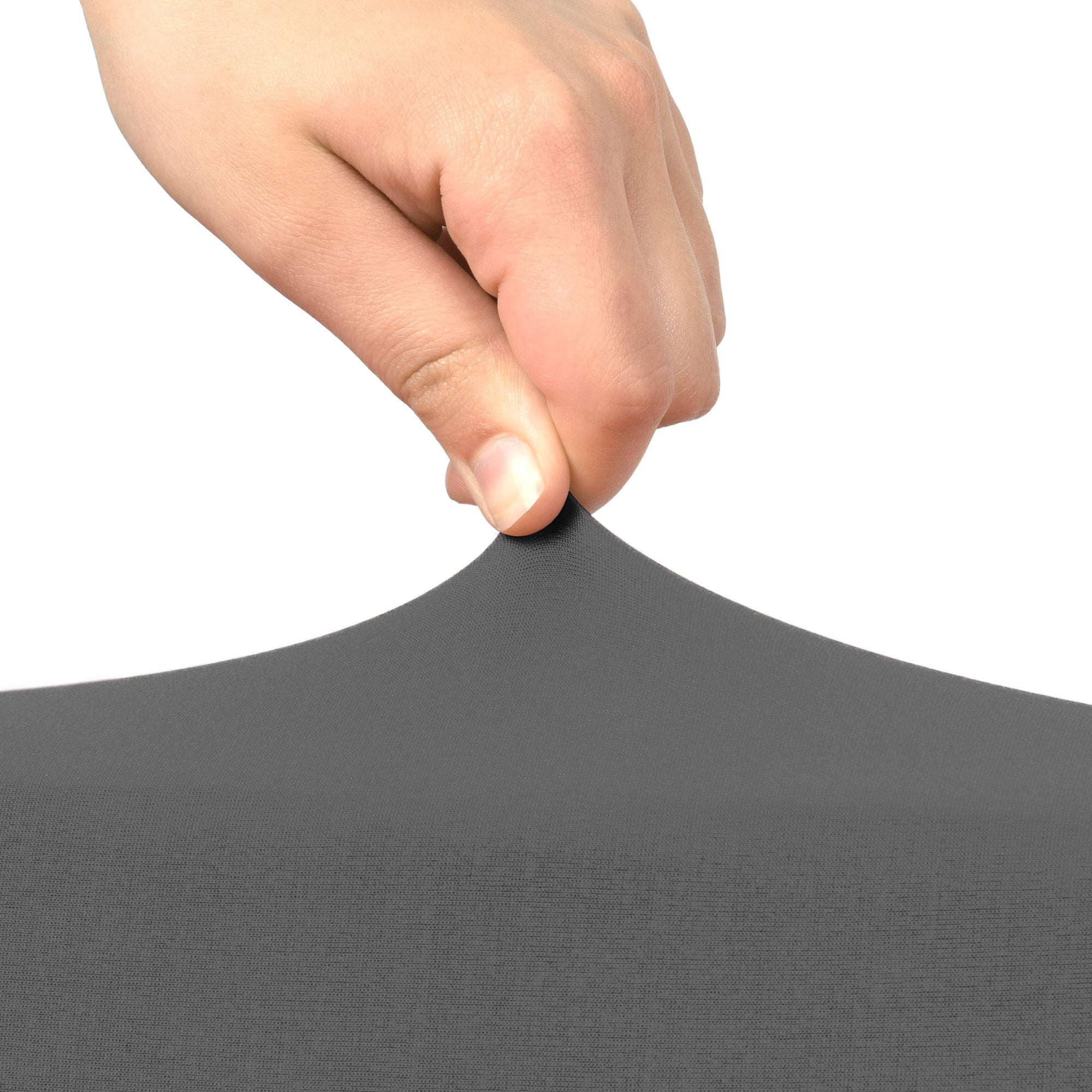 Beautissu Leona Stretch chair cover in gray being stretched by hand.