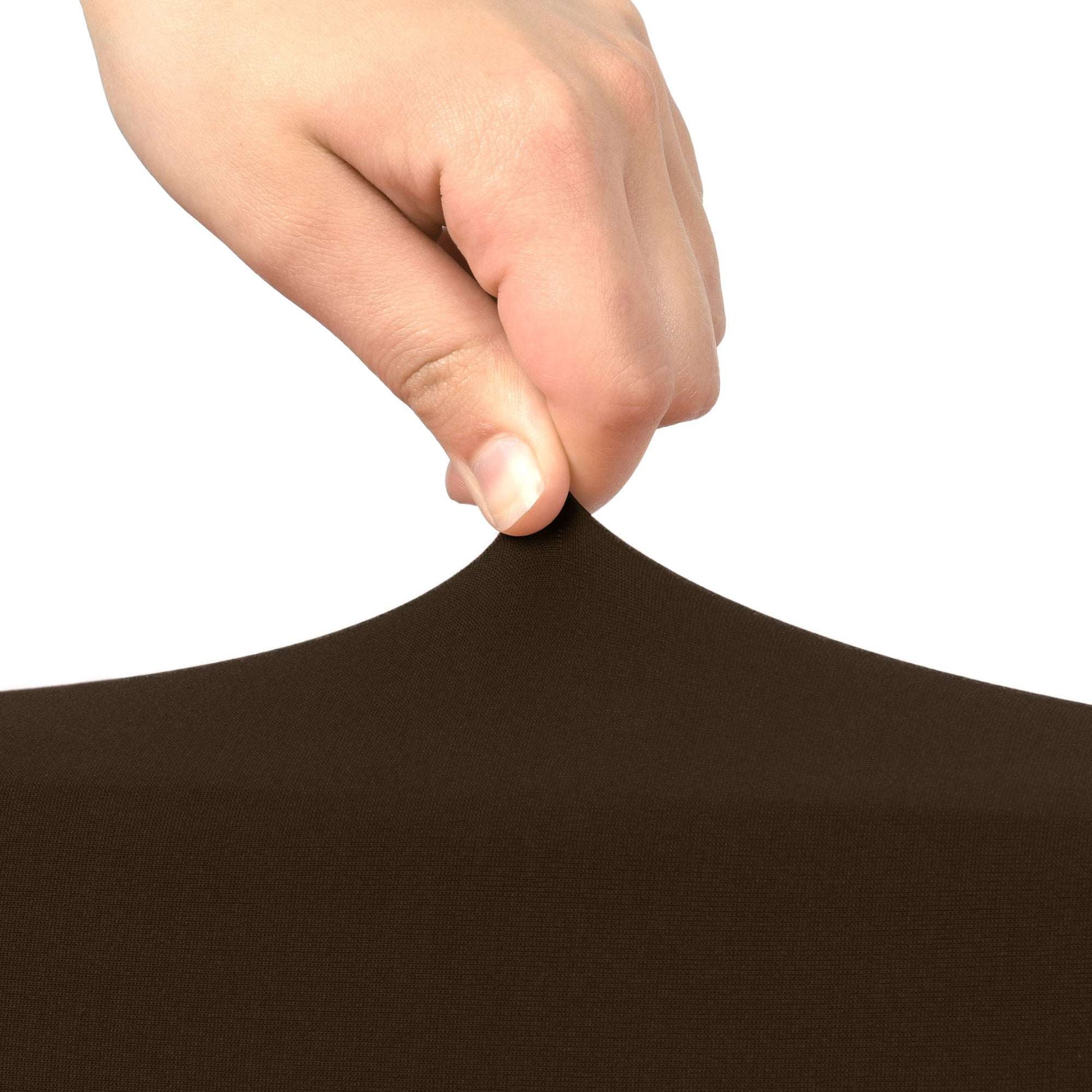 Stretching Beautissu Leona universal banquet chair cover in brown.