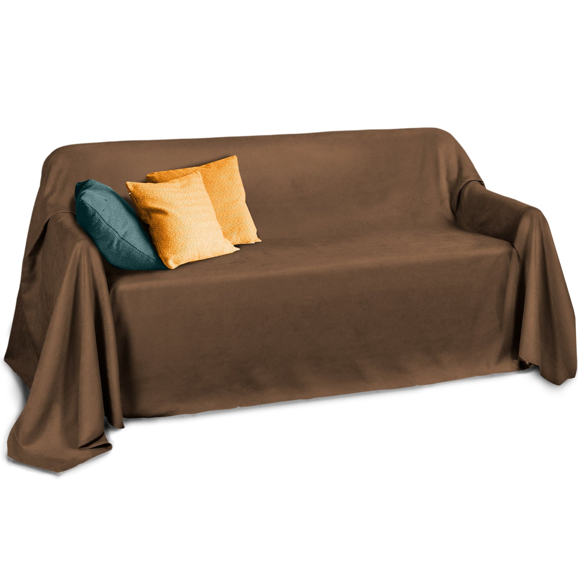 Beautissu Tagesdecke Sofaüberwurf in Wildlederoptik, Modell Romantica 210x280cm, auf Couch mit Kissen.