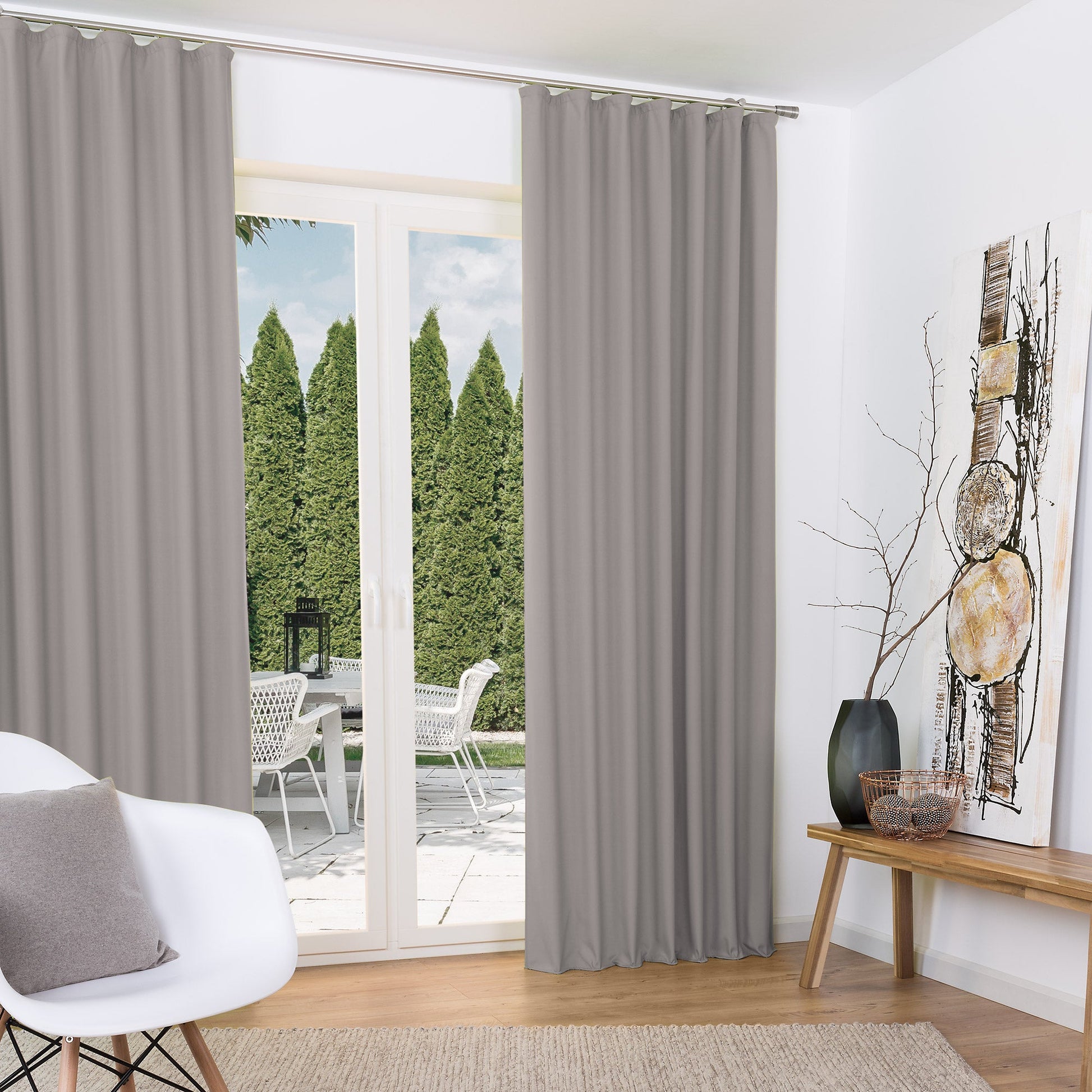 Beautissu Amelie Kräuselband Thermo-Vorhänge in Grau, eleganter Faltenwurf, isolierend, energieeffizient.