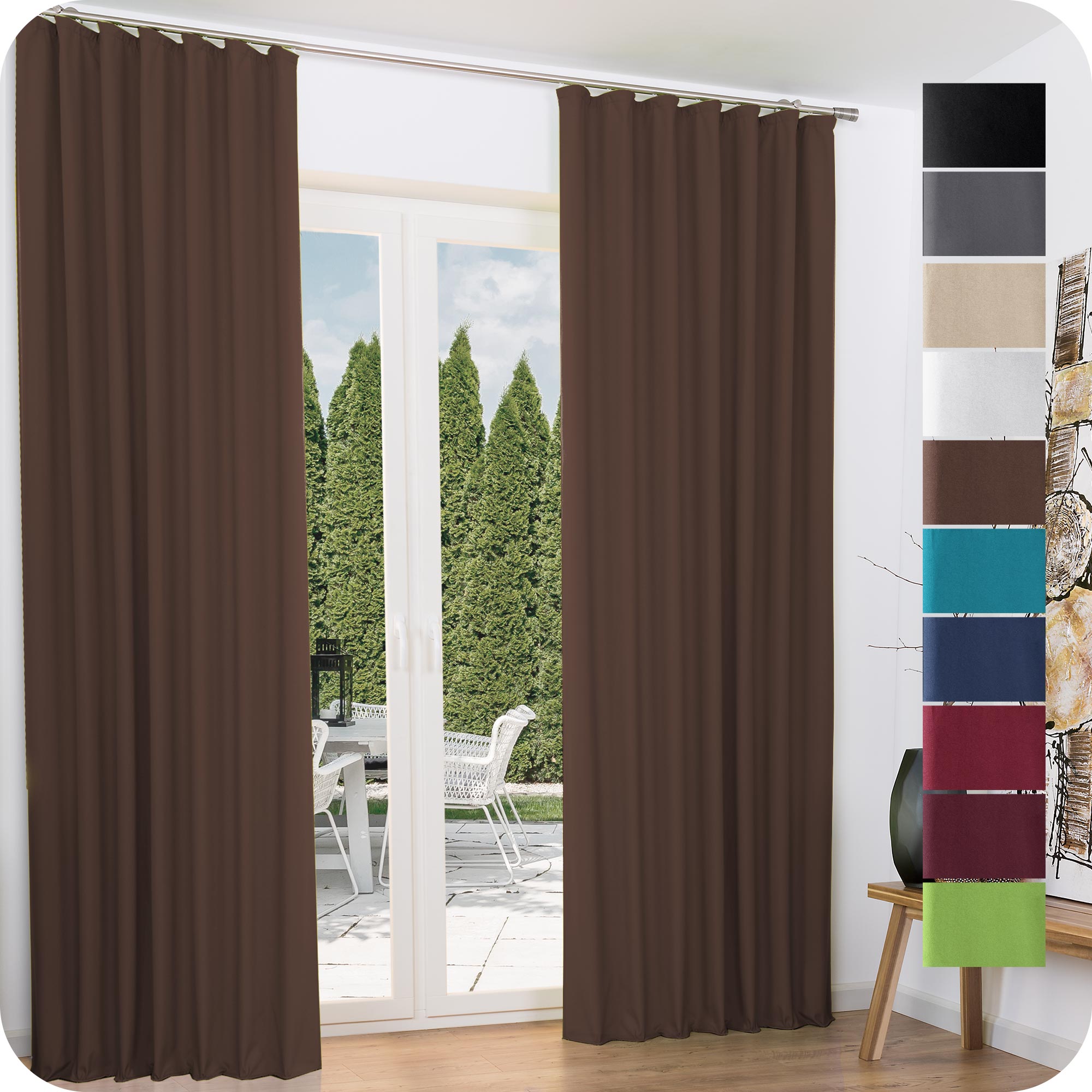 2-piece Beautissu Amelie thermal curtains with universal band in various colors for energy efficiency and UV resistance.