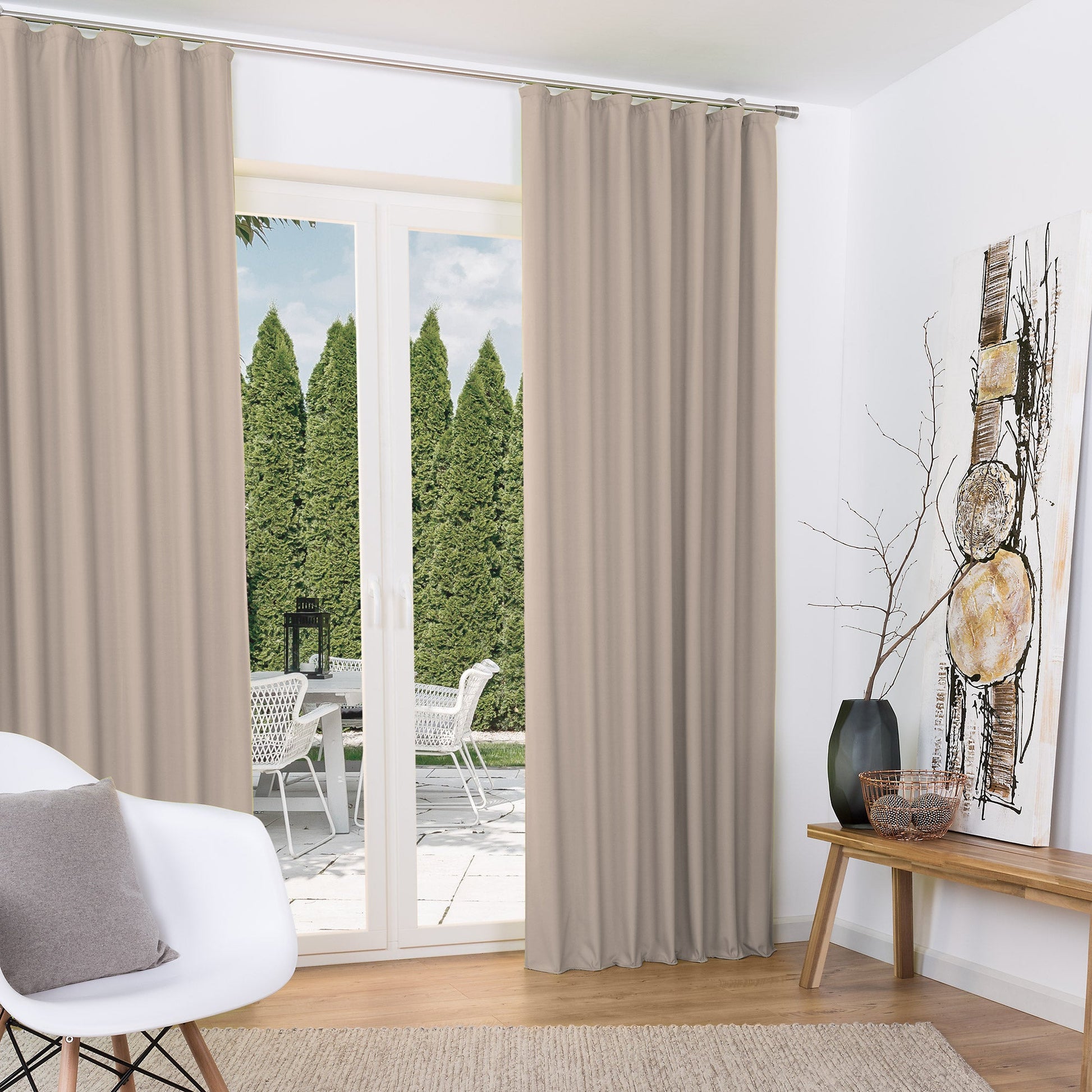 Beautissu Kräuselband Amelie Thermo Vorhänge in beige, elegantes Design, isolierend, lichtbeständig, 100% Polyester.