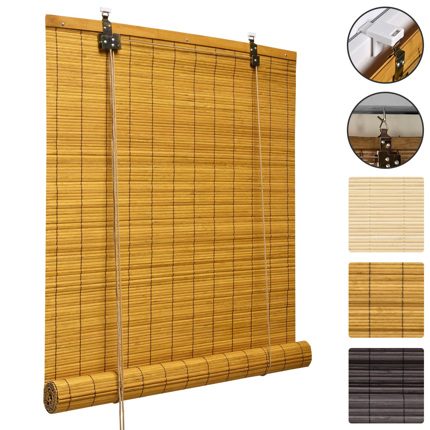 Sol Royal SolDecor B86 bamboo roller blind in various sizes and colors, shown with easy mounting options and child safety clips.