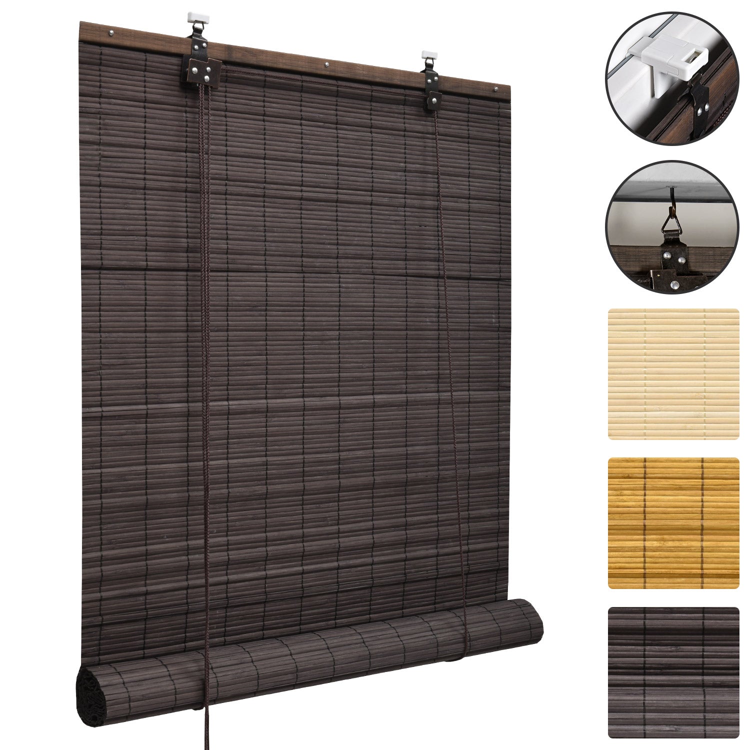 Sol Royal SolDecor B86 bamboo roller blind in various sizes and colors, showcasing adjustable pull cord and mounting options.