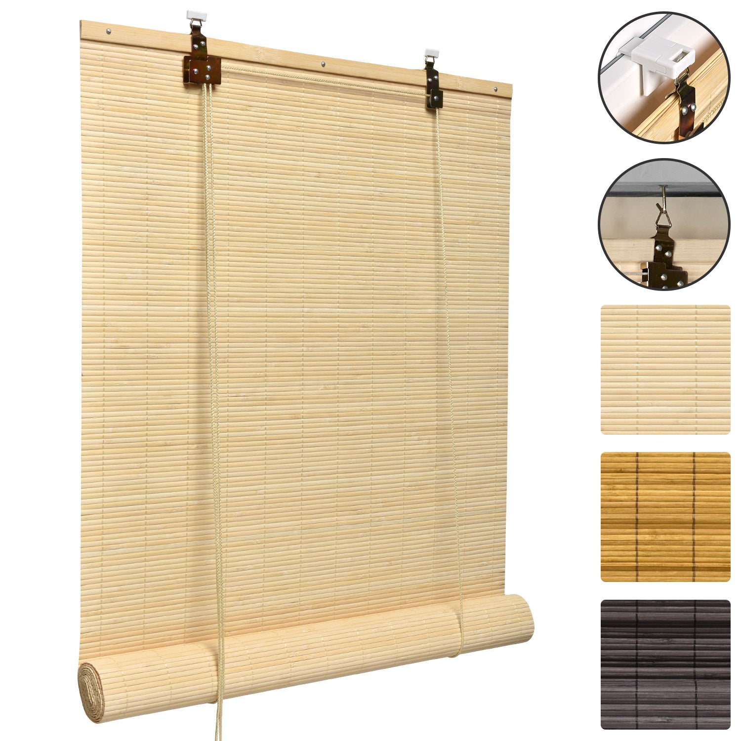 Sol Royal SolDecor B86 bamboo roll-up blind in various sizes and colors; features seamless operation and easy installation options with included safety clips.