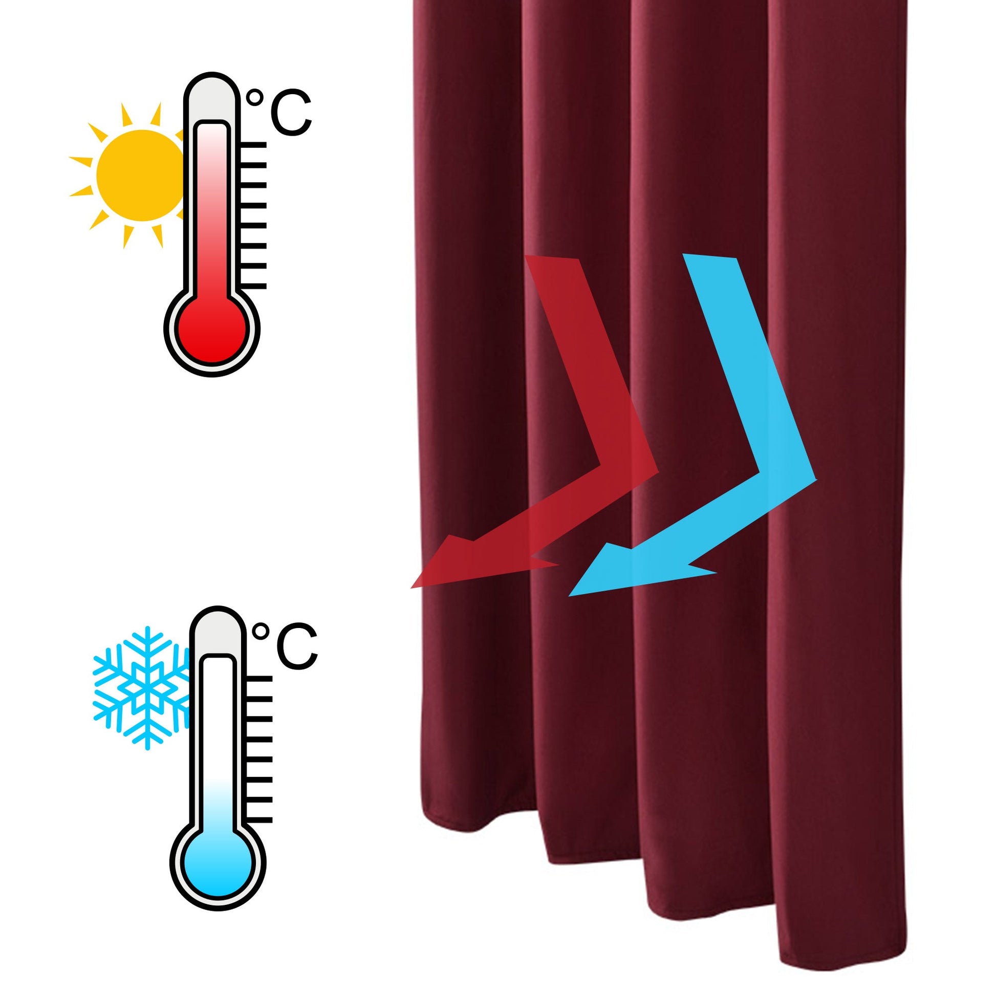 Beautissu Amelie thermo curtain with tieback in burgundy, showcasing temperature regulation symbols for heat and cold.