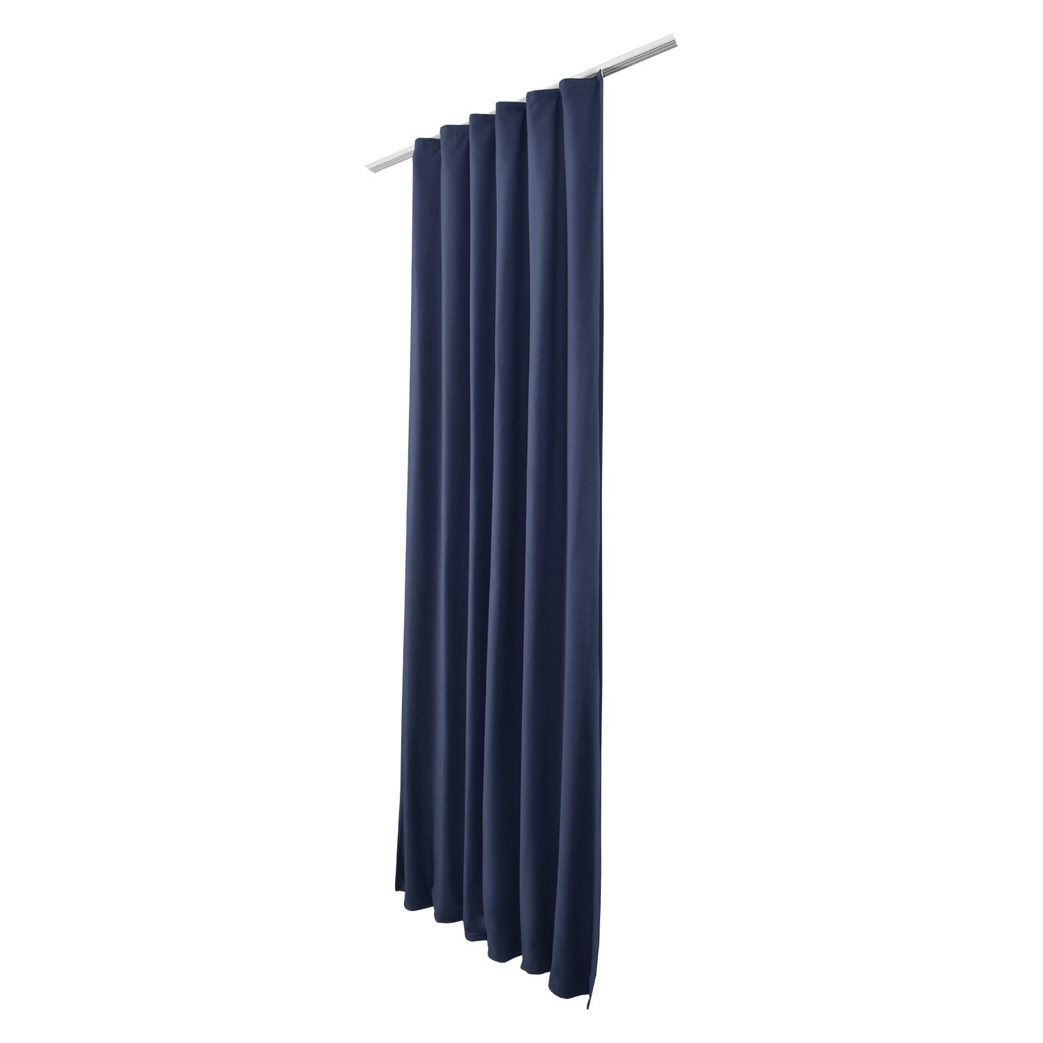 Beautissu Amelie blue thermal curtain with pleat tape hanging on rod.