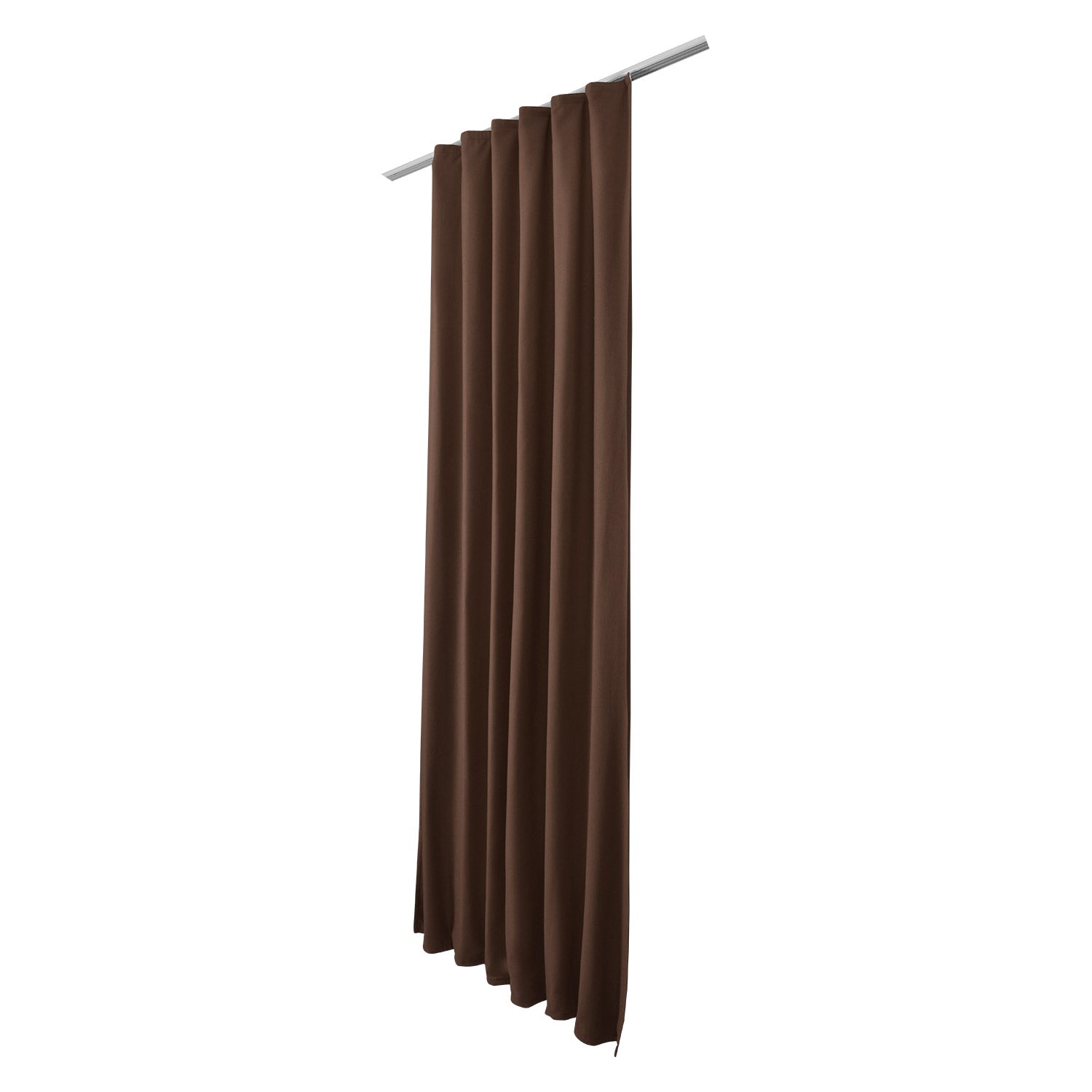 Beautissu Kräuselband Amelie thermo curtain set, brown color, hung on a rod, showcasing elegant pleats and insulation properties.