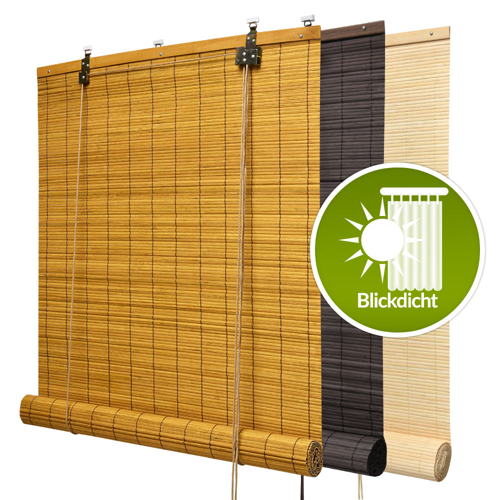 Bamboo roller blinds in various colors and sizes, with a privacy icon indicating sun and vision blocking features.