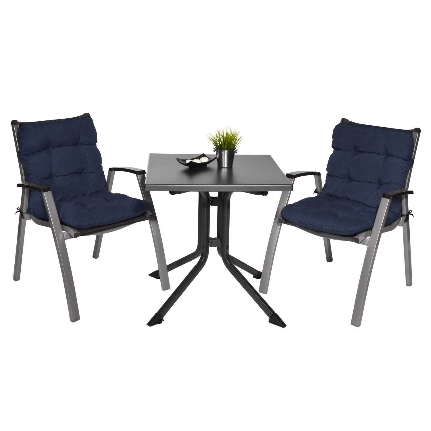 Beautissu Flair NL garden chair cushions in various colors on chairs around a table.