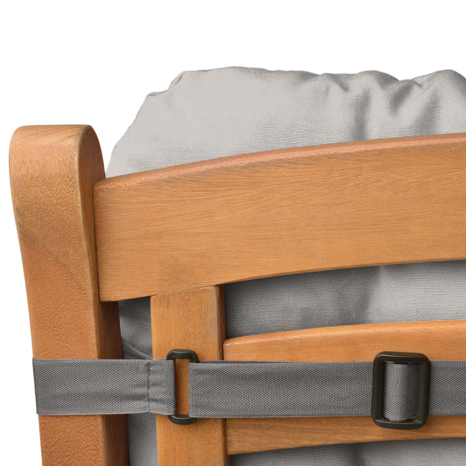 Beautissu Flair NL garden chair cushion with fastening straps on wooden chair.