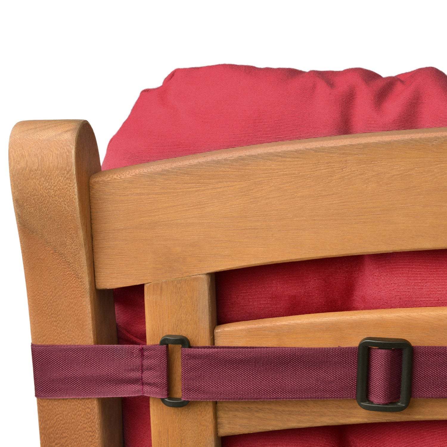 Beautissu Flair NL garden chair cushion with fastening straps on wooden chair.