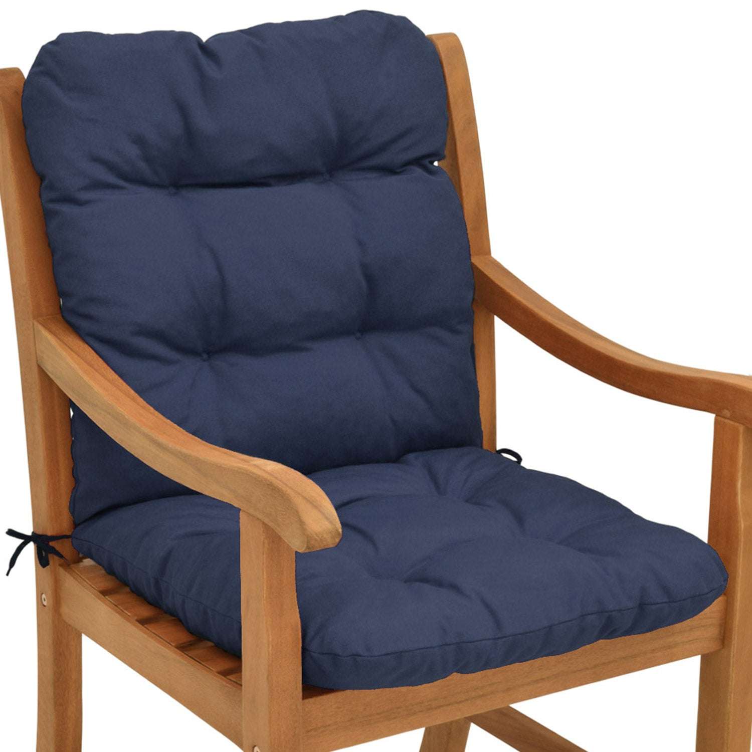 Beautissu Flair NL Niederlehner garden chair cushion in dark blue, 100x50x8 cm, on wooden chair.