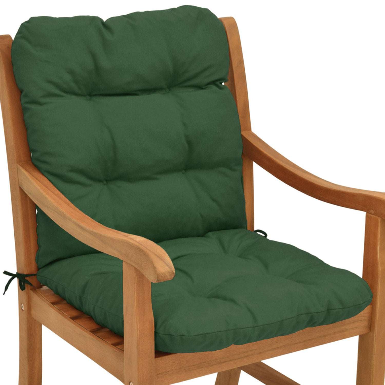 Beautissu Flair NL 100x50x8 cm garden chair cushion in green on a wooden chair.