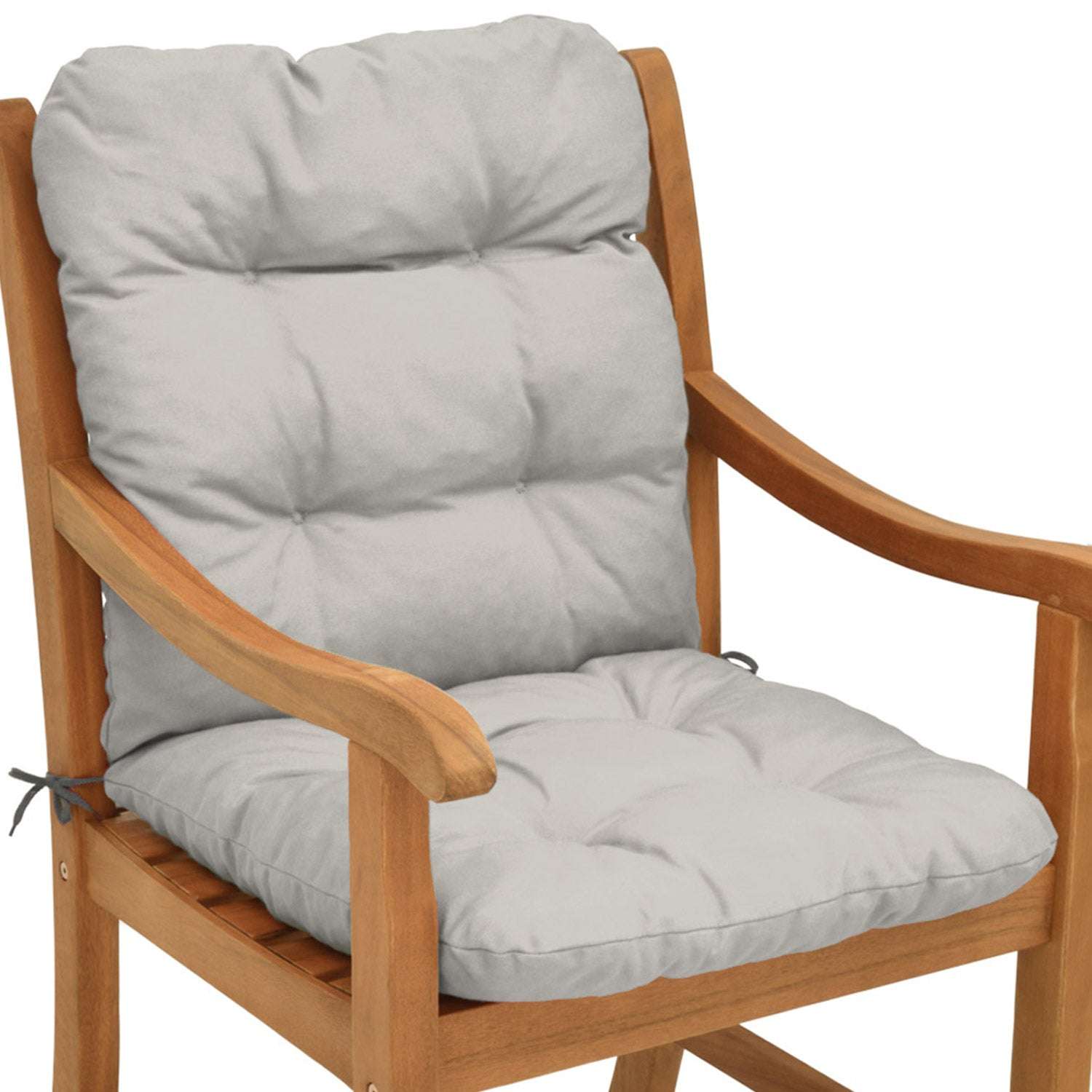 Beautissu Flair NL garden chair cushion, 100x50x8 cm, on wooden chair, offering comfort and style, with secure fastening bands.