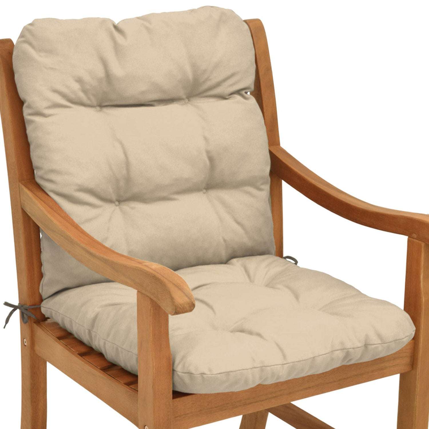 Beige Beautissu Flair NL garden chair cushion with high-quality padding, secured on a wooden chair.