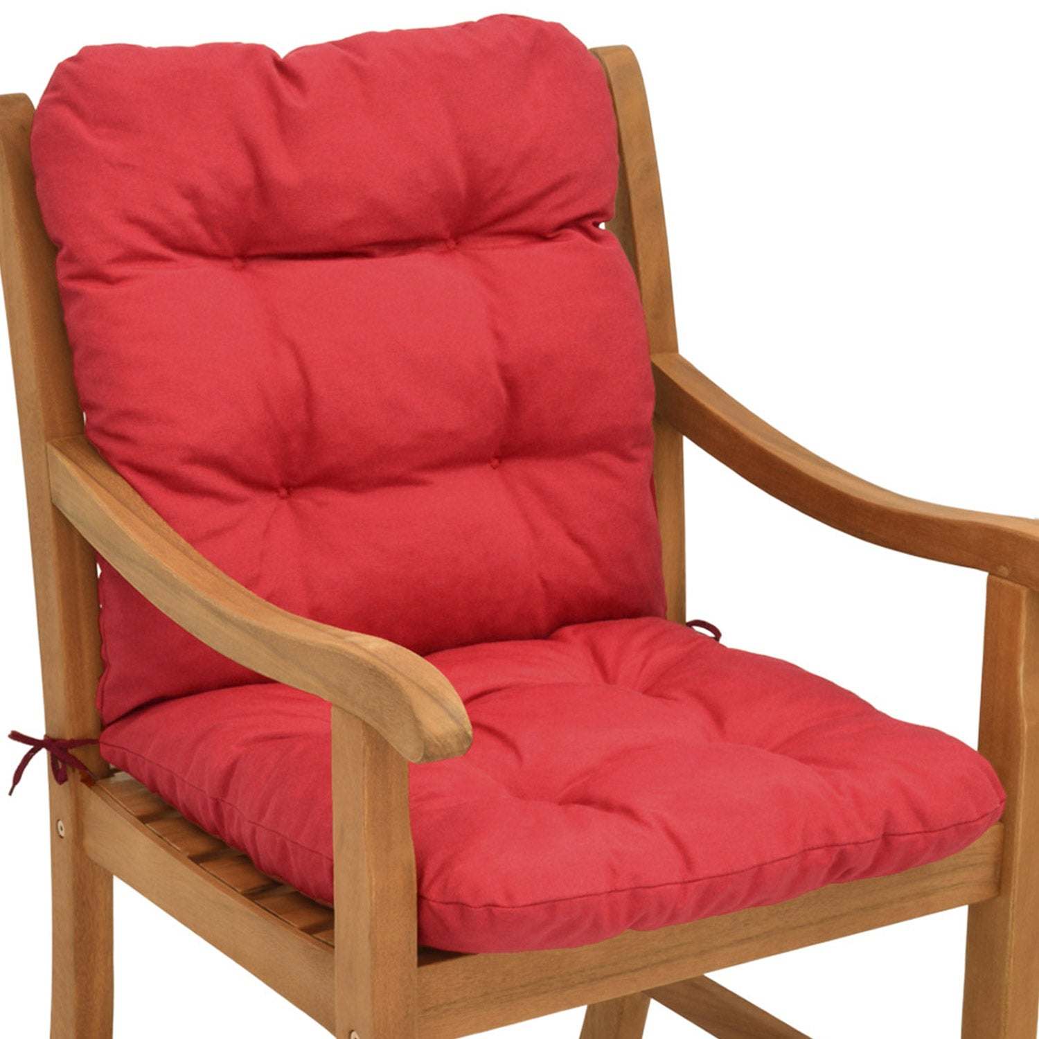 Beautissu Flair NL Niederlehner garden chair cushion in red on wooden chair, 100x50x8 cm, comfortable and durable with fastening straps.