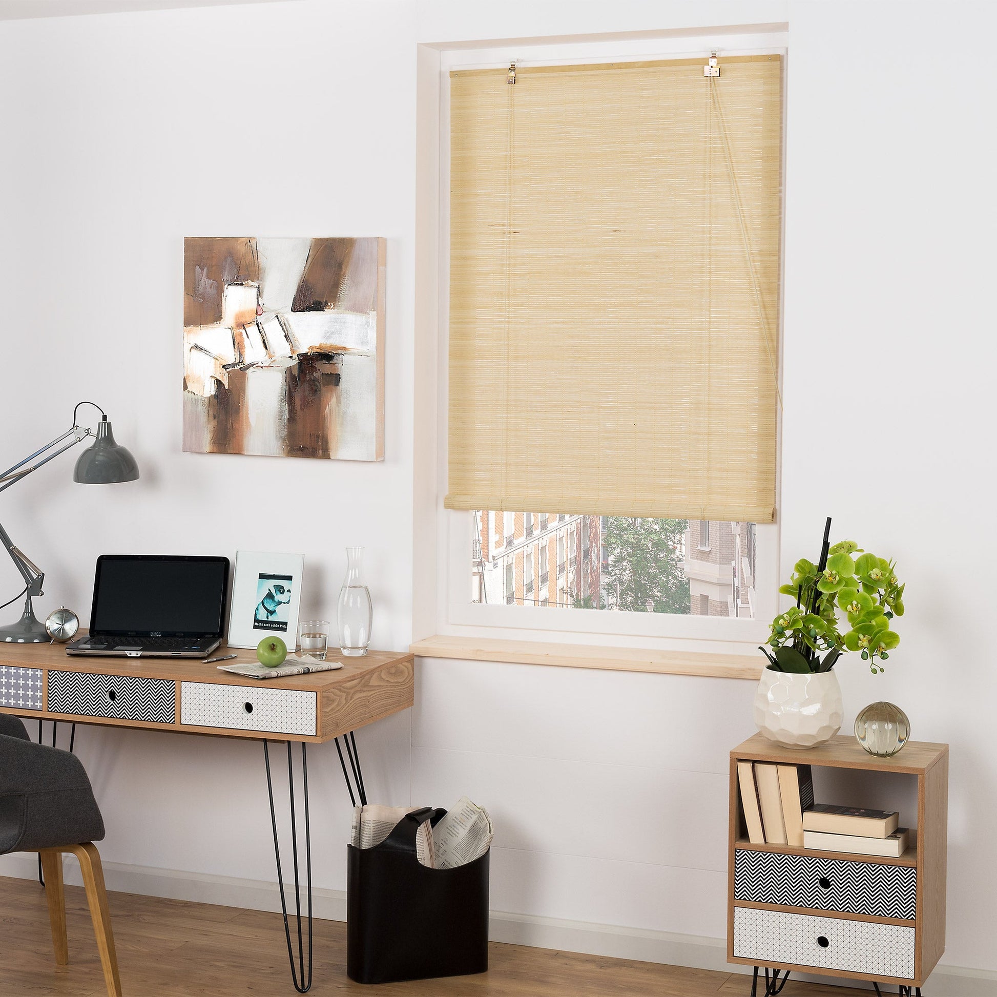 Bamboo roller blind in modern home office setting, Sol Royal SolDecor B86.