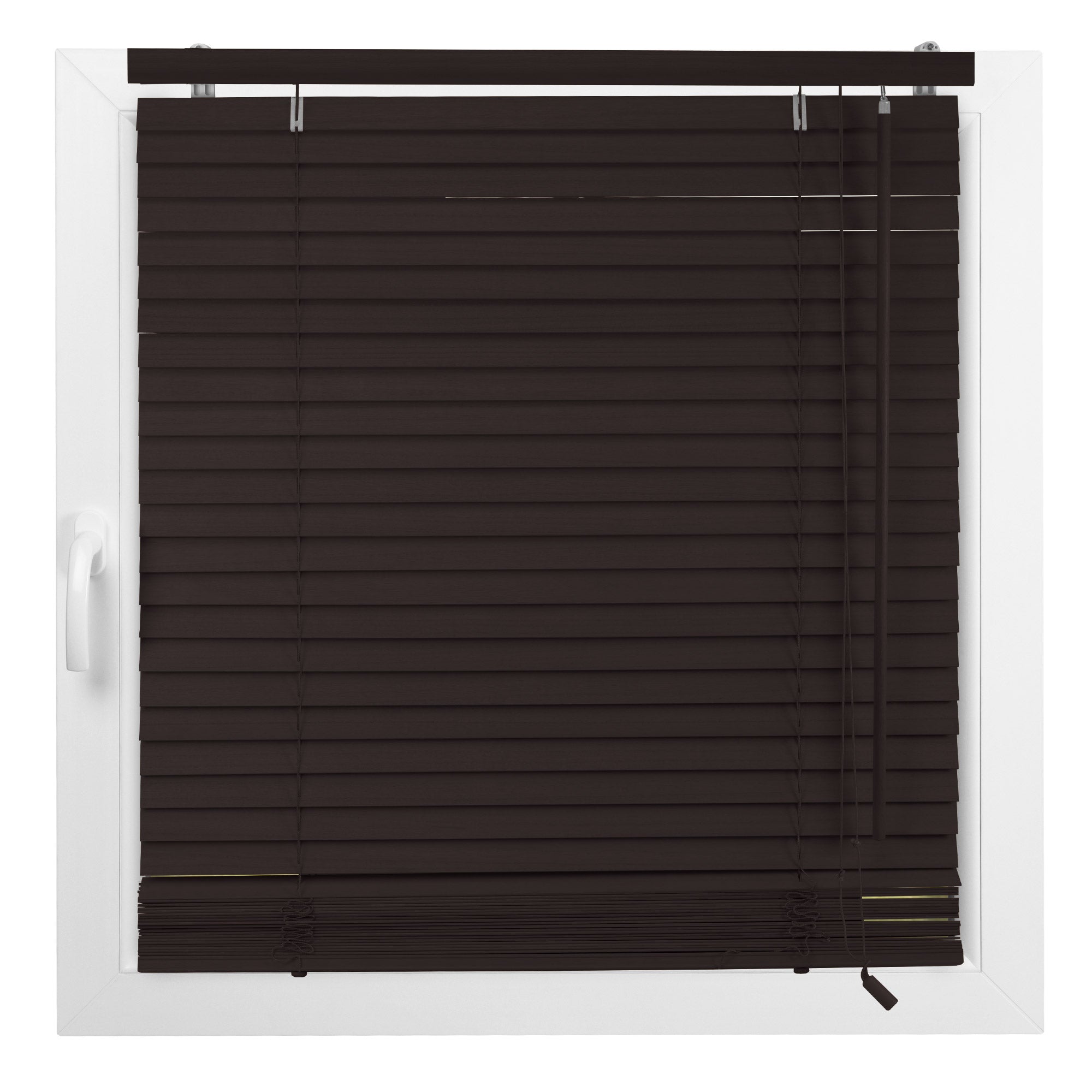 Sol Royal Holzjalousie JH3 in black installed on a white window frame, showing adjustable 25 mm wooden slats for light control.