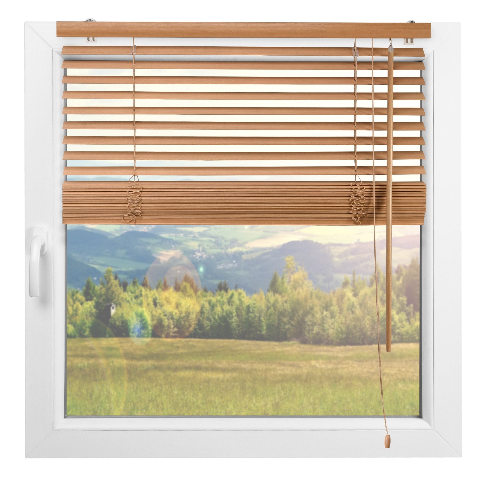 Sol Royal Holzjalousie JH3 am Fenster mit Blick auf Landschaft, zeitloses Design, zuverlässiger Sonnenschutz.