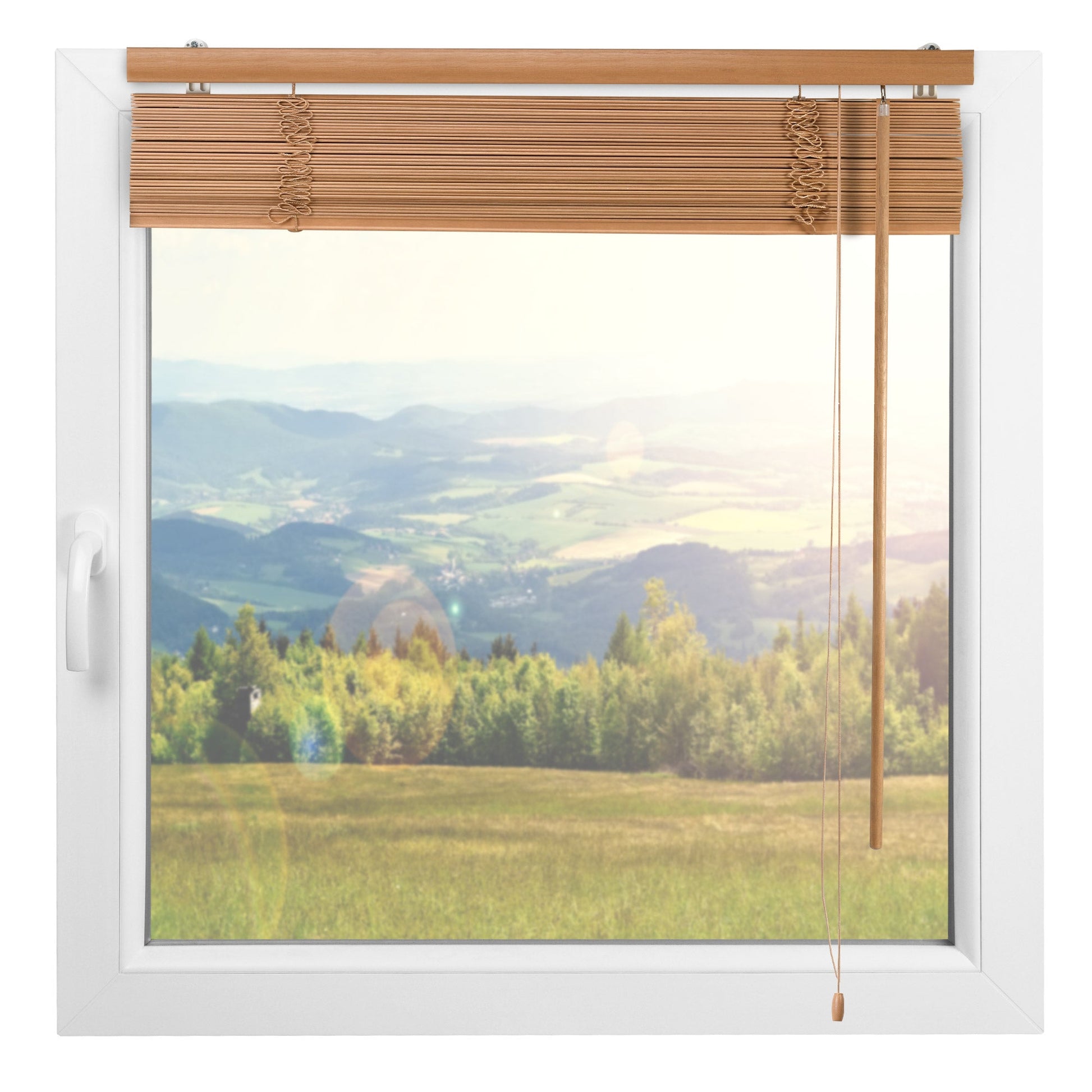 Sol Royal Holzjalousie JH3 on window with scenic outdoor view, adjustable wooden slats.