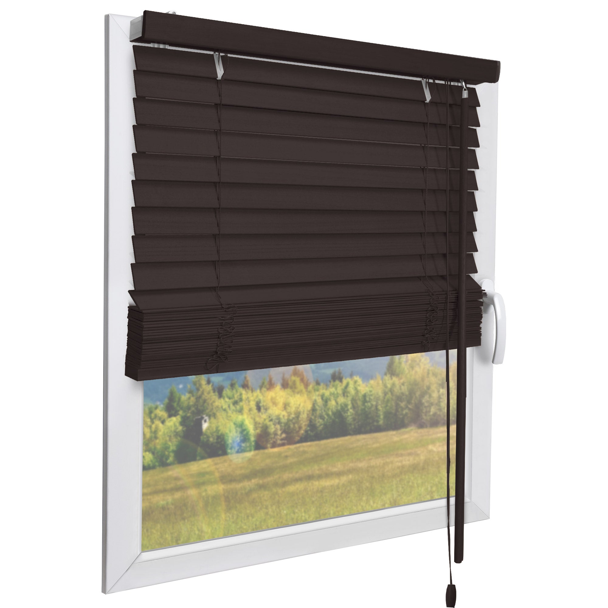 Sol Royal Holzjalousie JH3 in timeless design on window, adjustable cords and twist rod, offering sun and privacy protection.