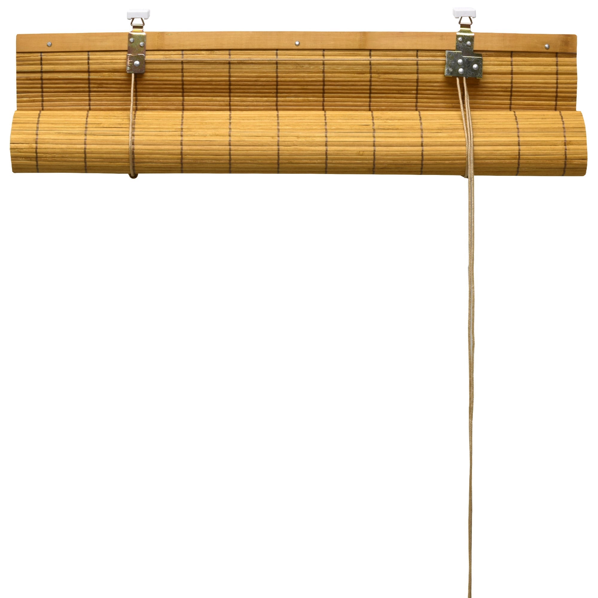 Sol Royal SolDecor B86 bamboo roller blind in natural wood color, shown with mounting hardware and pull cord.