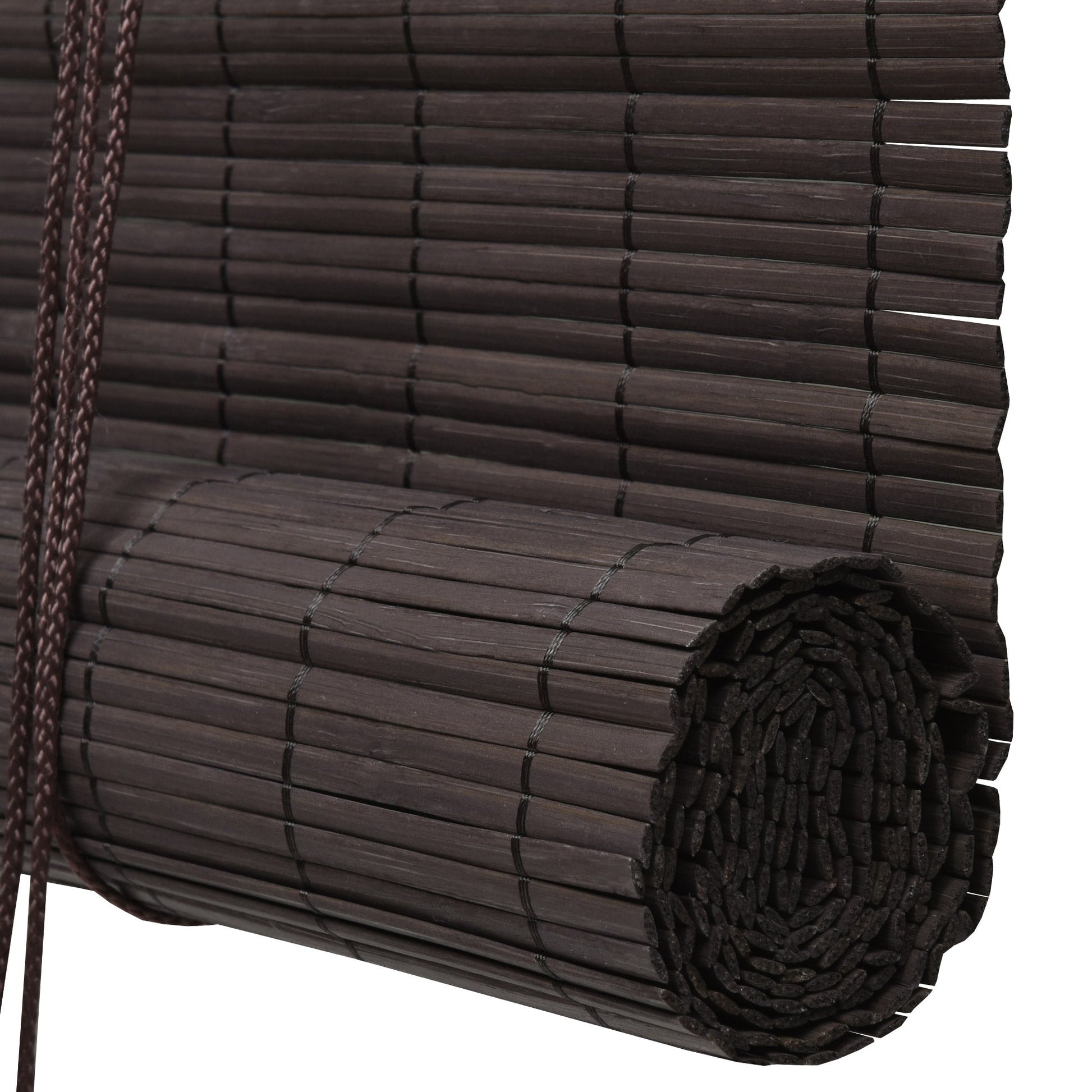 Bamboo roller shade in dark brown, part of the Sol Royal SolDecor B86 collection, featuring easy installation and child safety clips.
