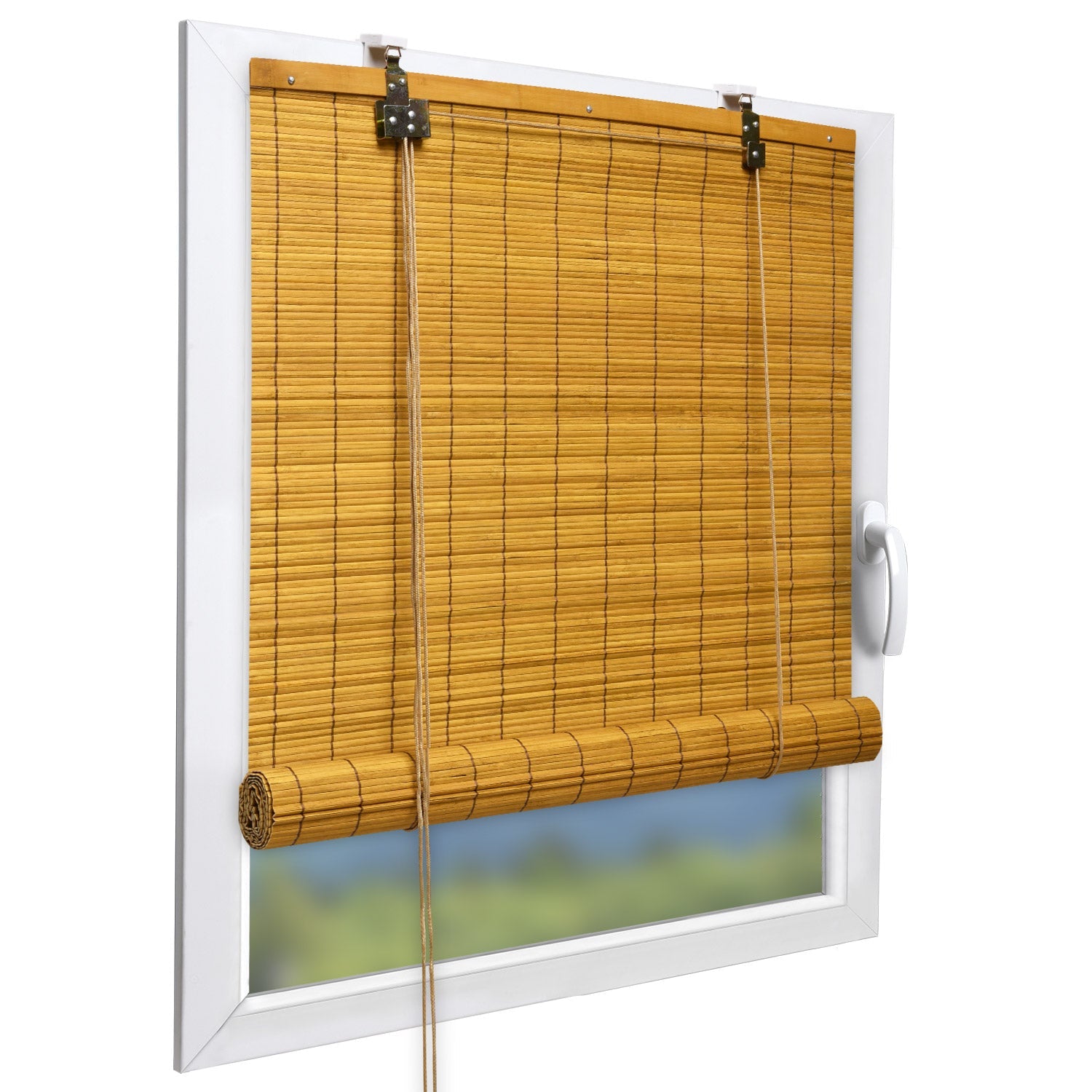 Bamboo window blind from Sol Royal SolDecor B86, mounted on a window frame.