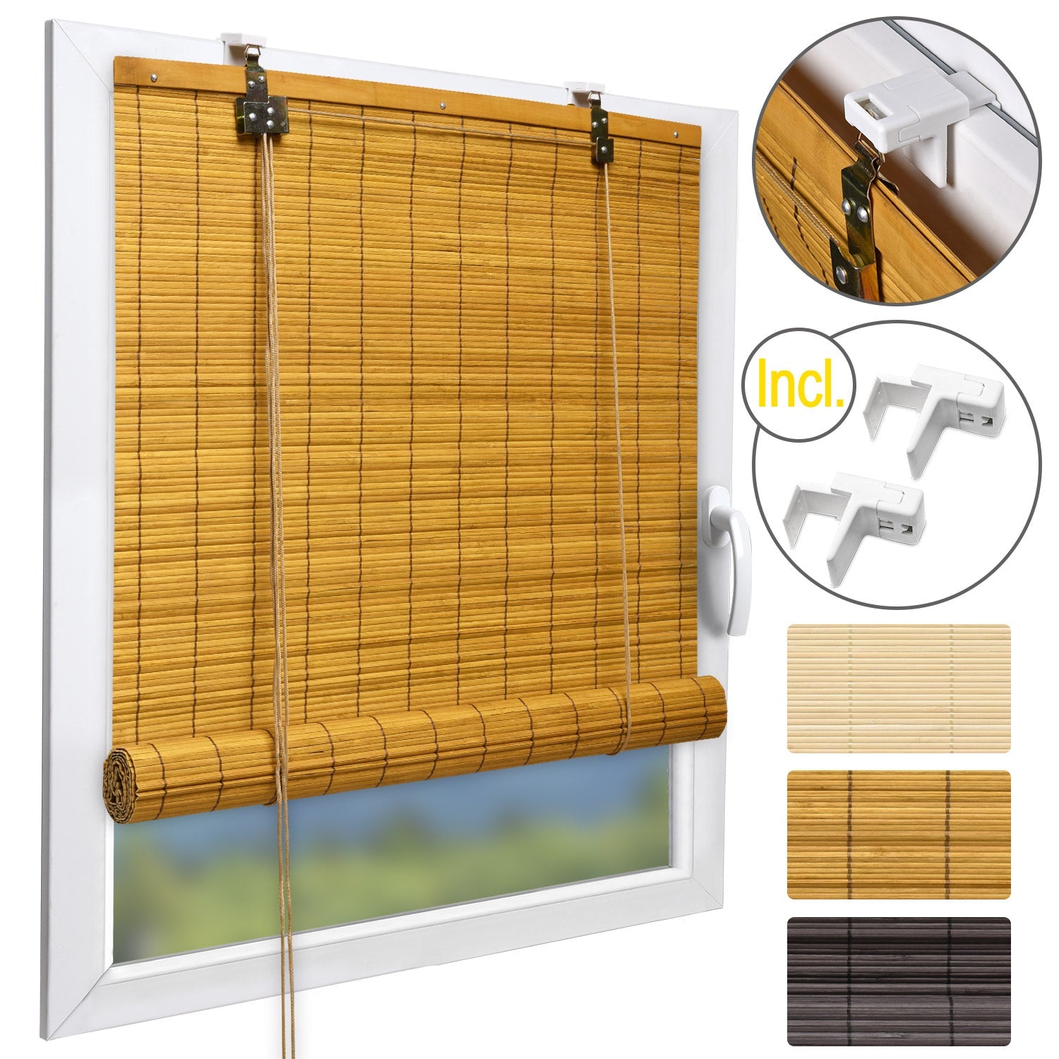 Sol Royal SolDecor B86 bamboo roller blind in various sizes and colors, shown on a window with mounting accessories included.