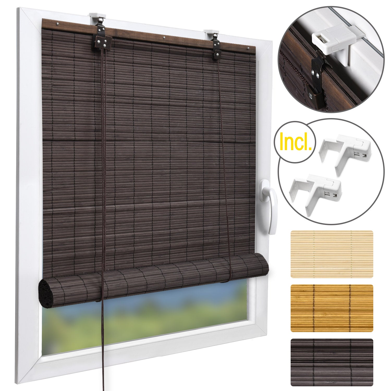 Bamboo roller blind Sol Royal SolDecor B86 in various sizes and colors on window with mounting materials and safety clips.