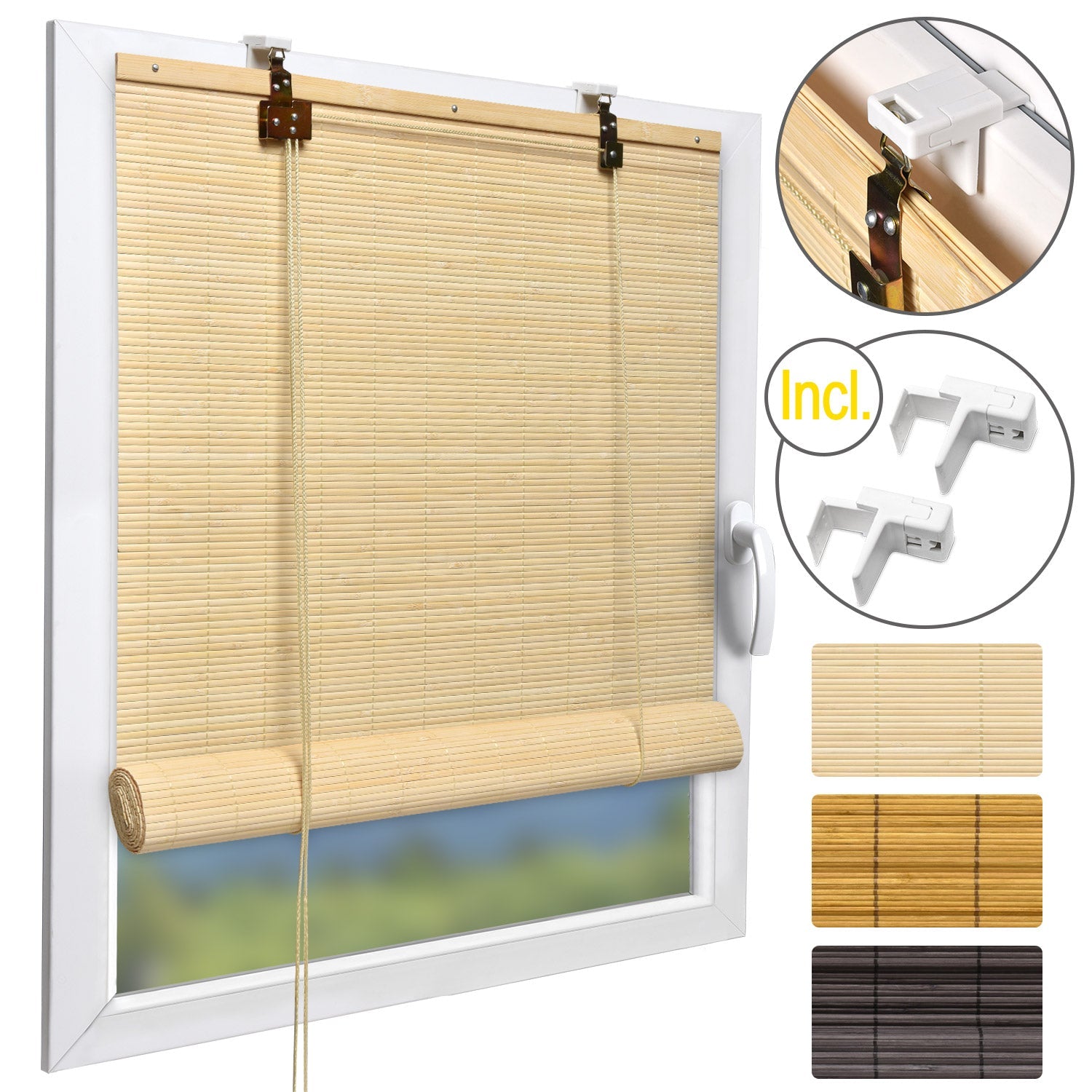 Bamboo roller blind Sol Royal SolDecor B86 in various sizes and colors with mounting hardware.