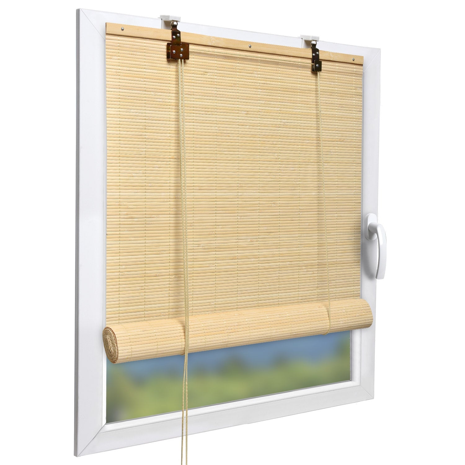 Bamboo roller blind on a window with safety clip and pull cord, Sol Royal SolDecor B86.
