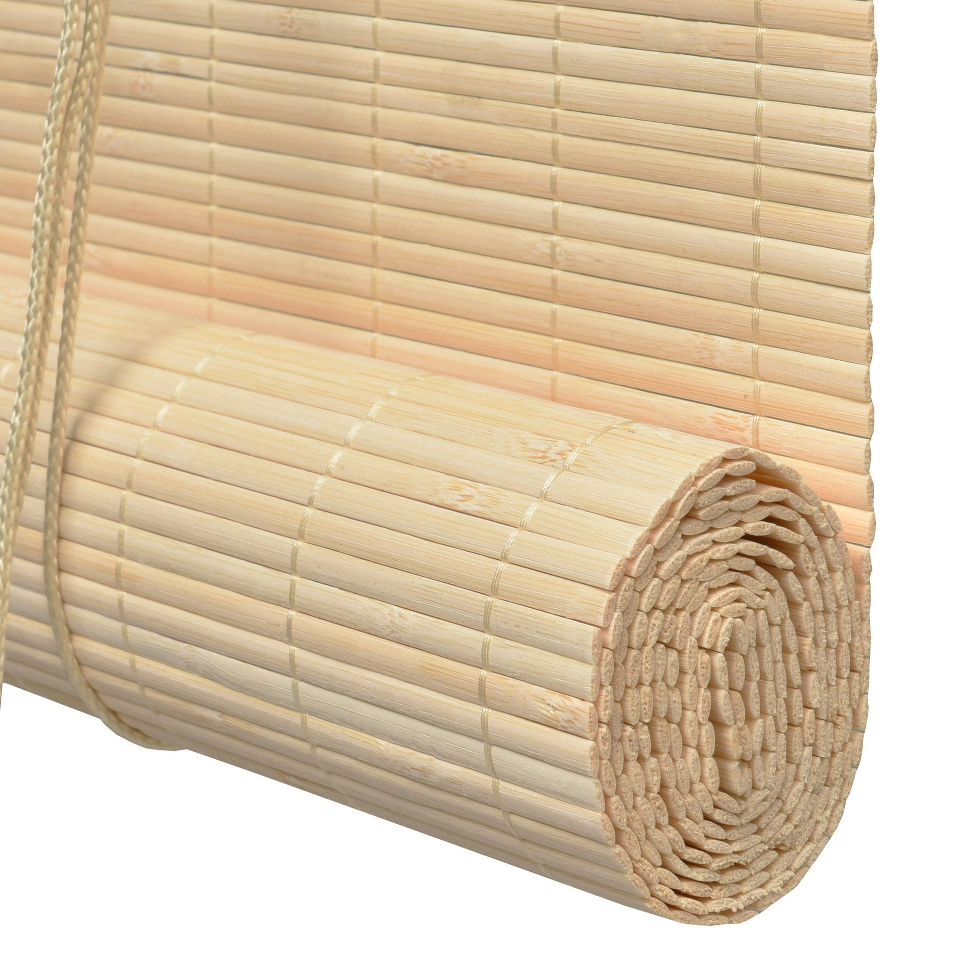 Sol Royal SolDecor B86 bamboo roller blind, various sizes and colors, partially rolled.