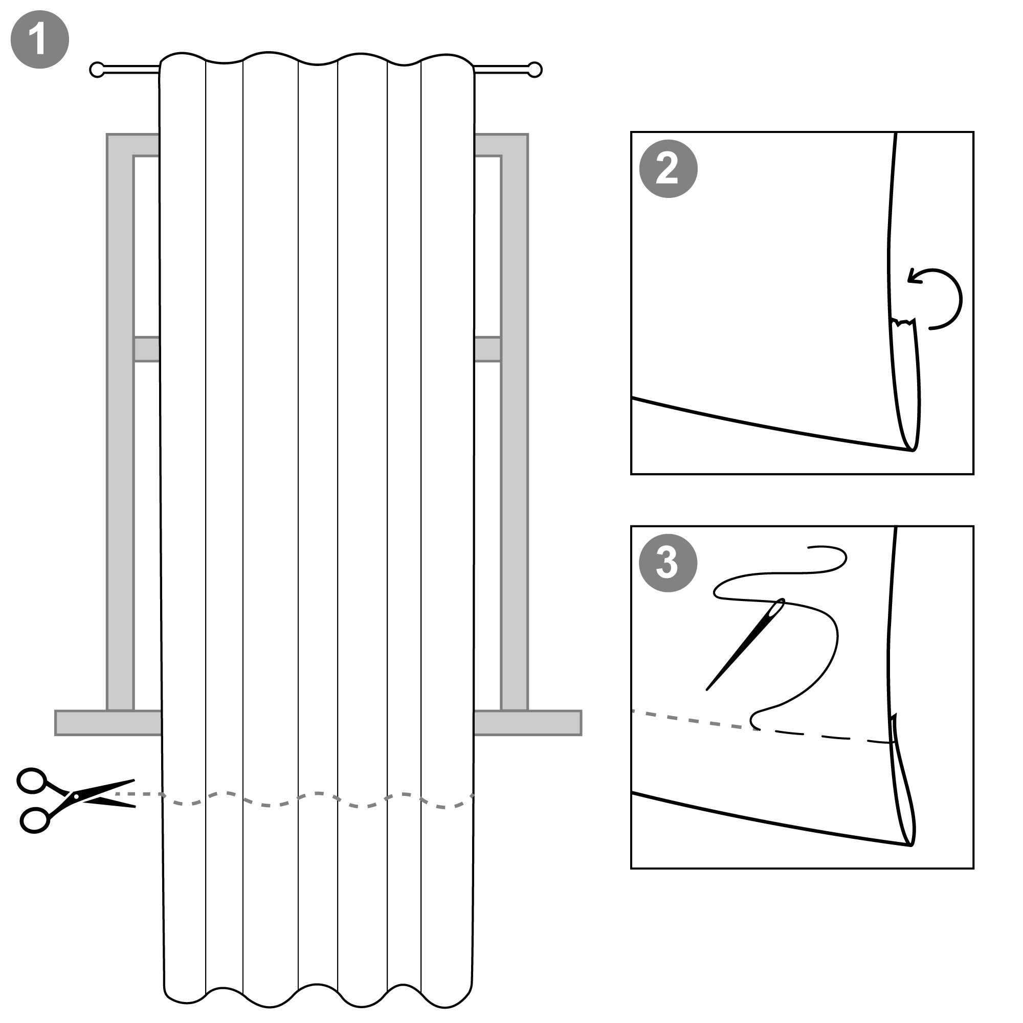 Beautissu Kräuselband Amelie Thermo Vorhänge diagram showcasing trimming and hemming steps.