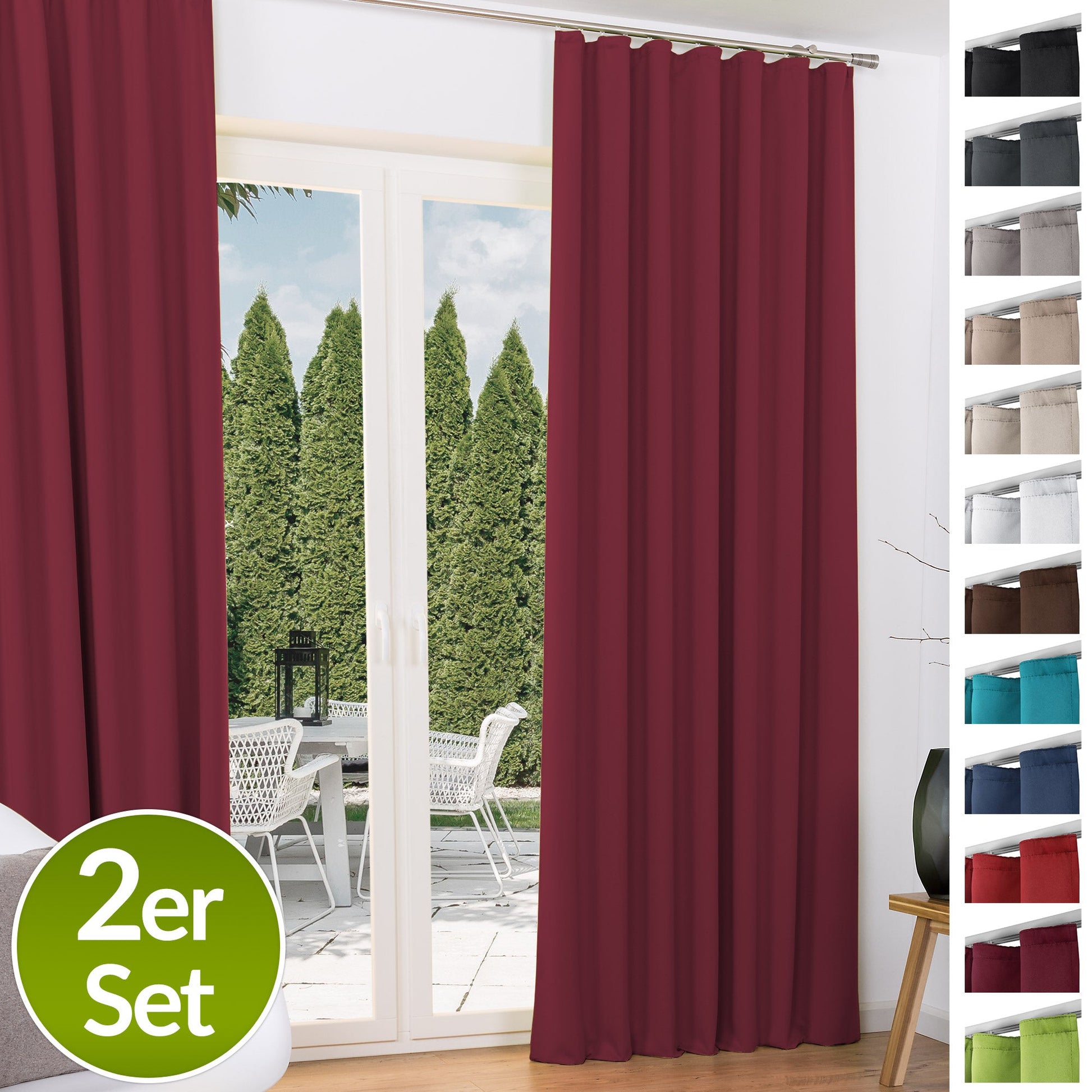 2er Set Beautissu Amelie blackout curtains in various colors, featuring universal tape, 100% polyester, light-resistant fabric, and decorative design.