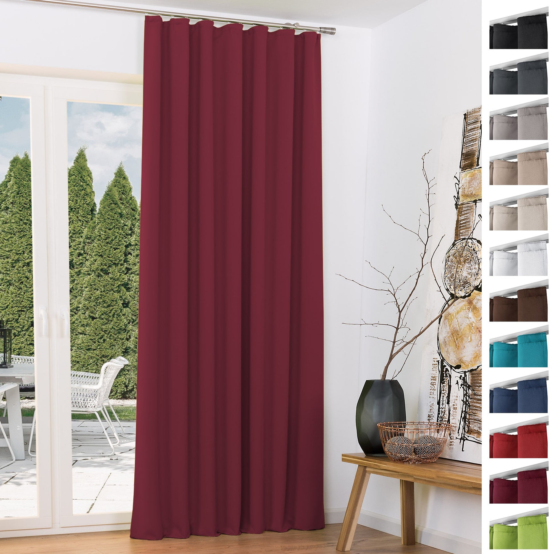 2er Set Beautissu Amelie blackout curtains in diverse colors with wrinkle band, UV-resistant and 100% light-blocking, showcasing elegant drape and shine.