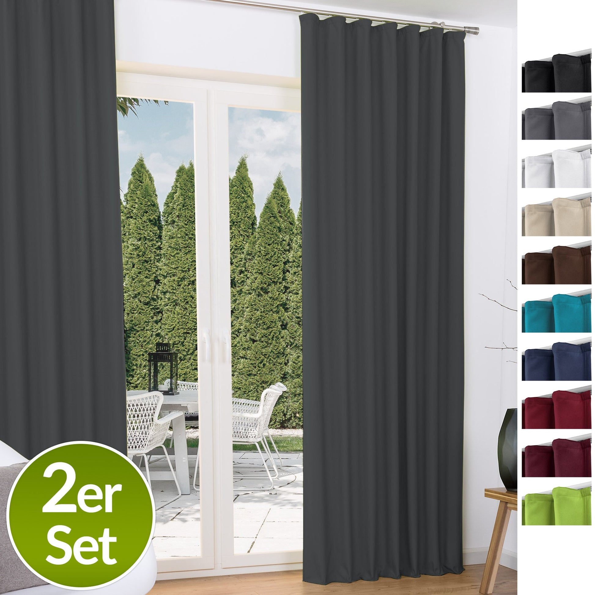 Beautissu Kräuselband Amelie Thermo Vorhänge set in various colors, featuring UV-resistant polyester fabric with universal band hanging and insulating fleece layer.